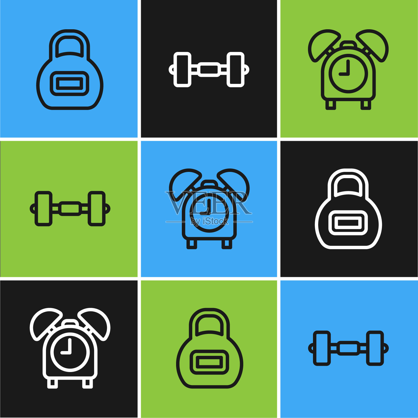 设置线路壶铃，闹钟和哑铃图标。向量图标素材