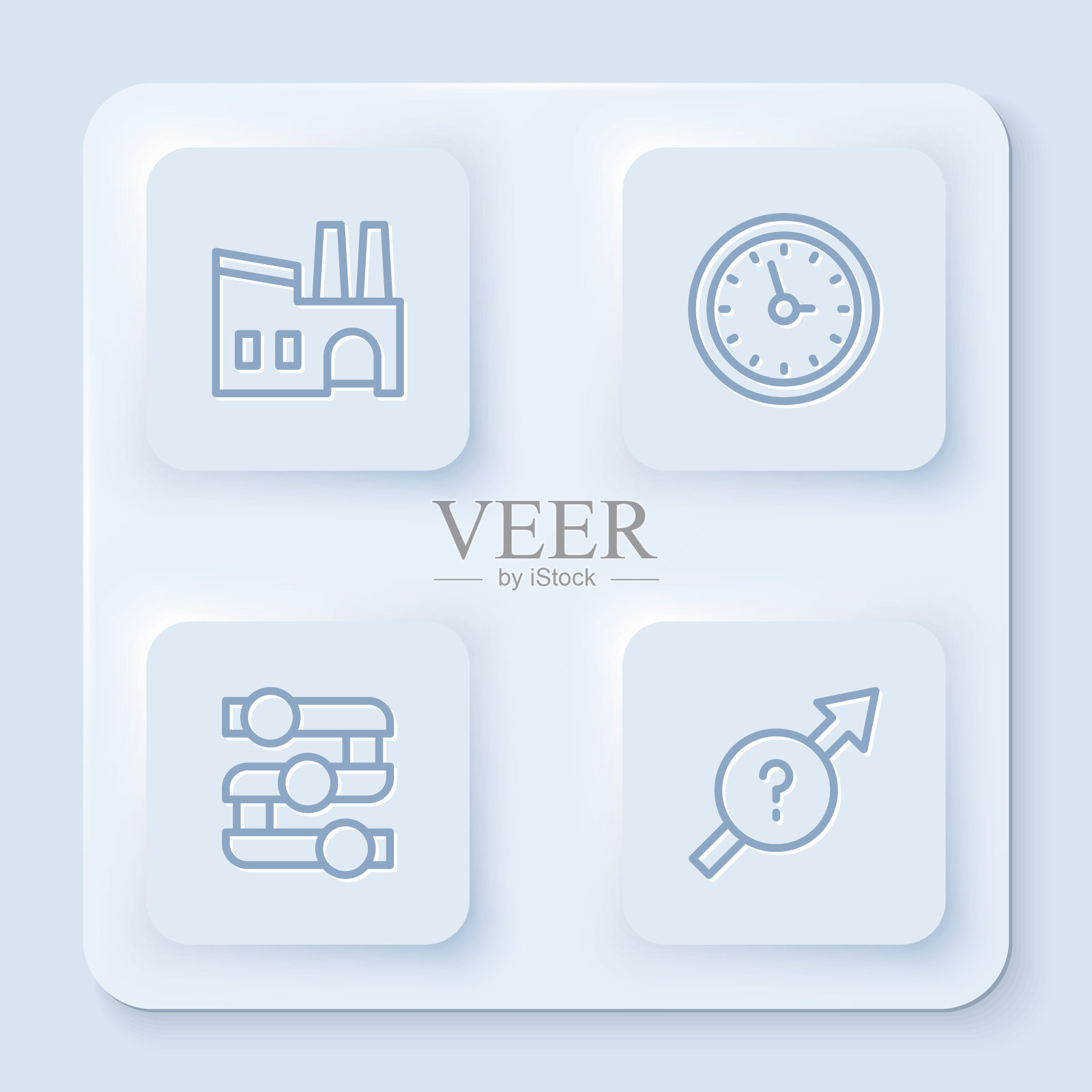 设置线工厂，时钟，图形，图表，图表和箭头。白色方形按钮。向量插画图片素材