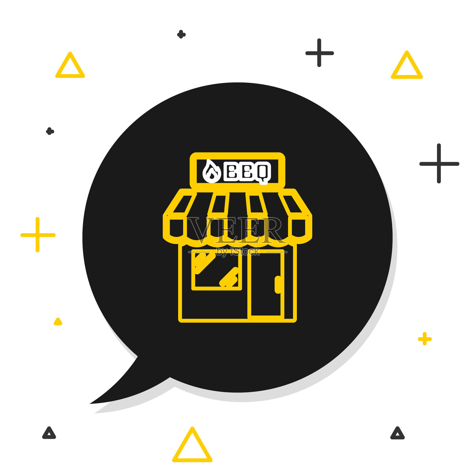 线烧烤购物大楼或市场商店图标孤立的白色背景。烧烤派对。店建设。色彩缤纷的轮廓概念。向量插画图片素材