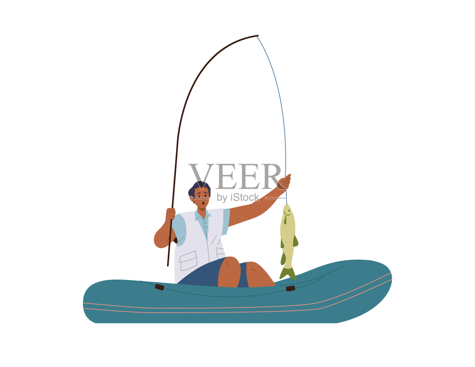 年轻的渔夫在船上钓鱼时，用鱼竿钓到了大鱼插画图片素材