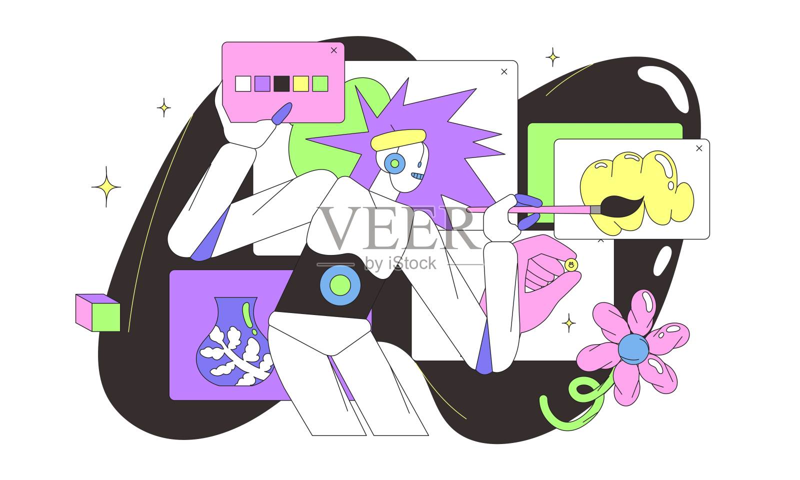 人工智能生成的艺术。我用绘图软件在绘图板上创作艺术品。机器人与人工智能技术创建数字插图和生成图像。插画图片素材