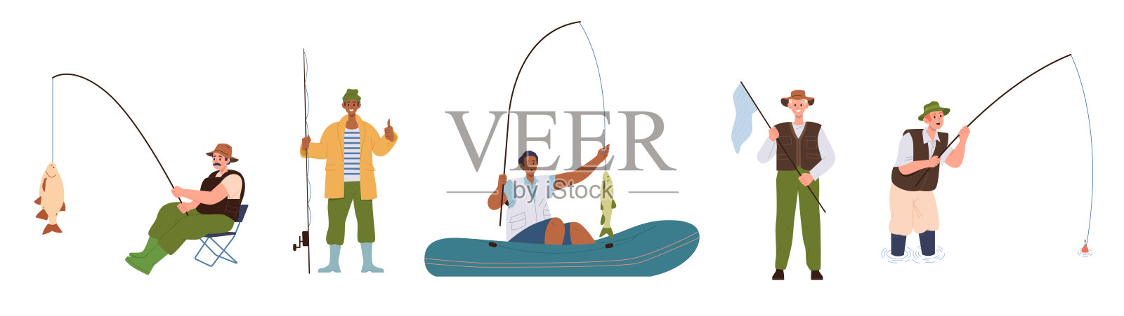 一套渔民卡通人物使用不同的钓鱼配件和设备来捕鱼插画图片素材