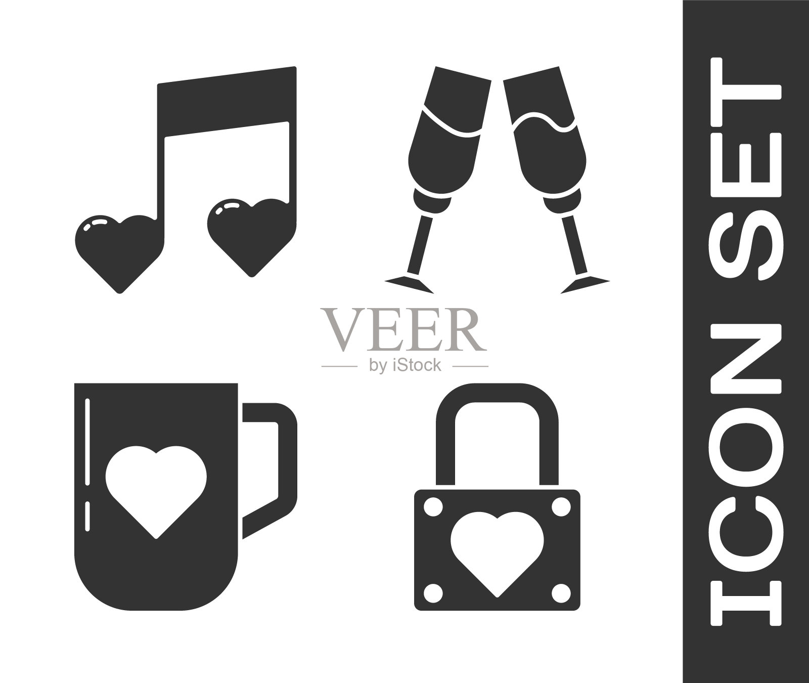 集锁和心，音乐音符，音调与心，咖啡杯和心和香槟的玻璃杯图标。向量图标素材