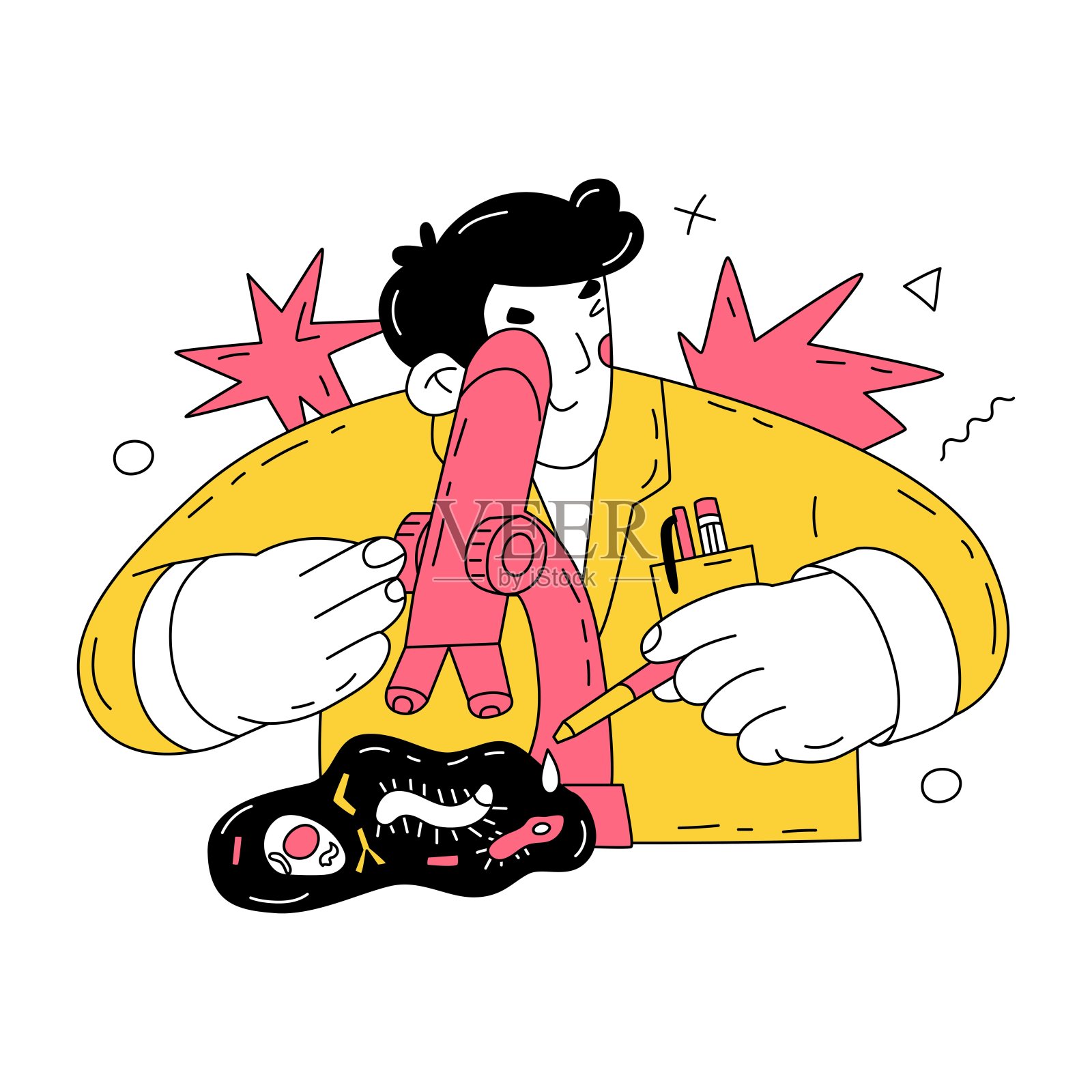 一位年轻的科学家通过显微镜观察微生物。科学实验室。鉴定新的病毒株。生物的研究。矢量插图隔离在白色背景上。插画图片素材