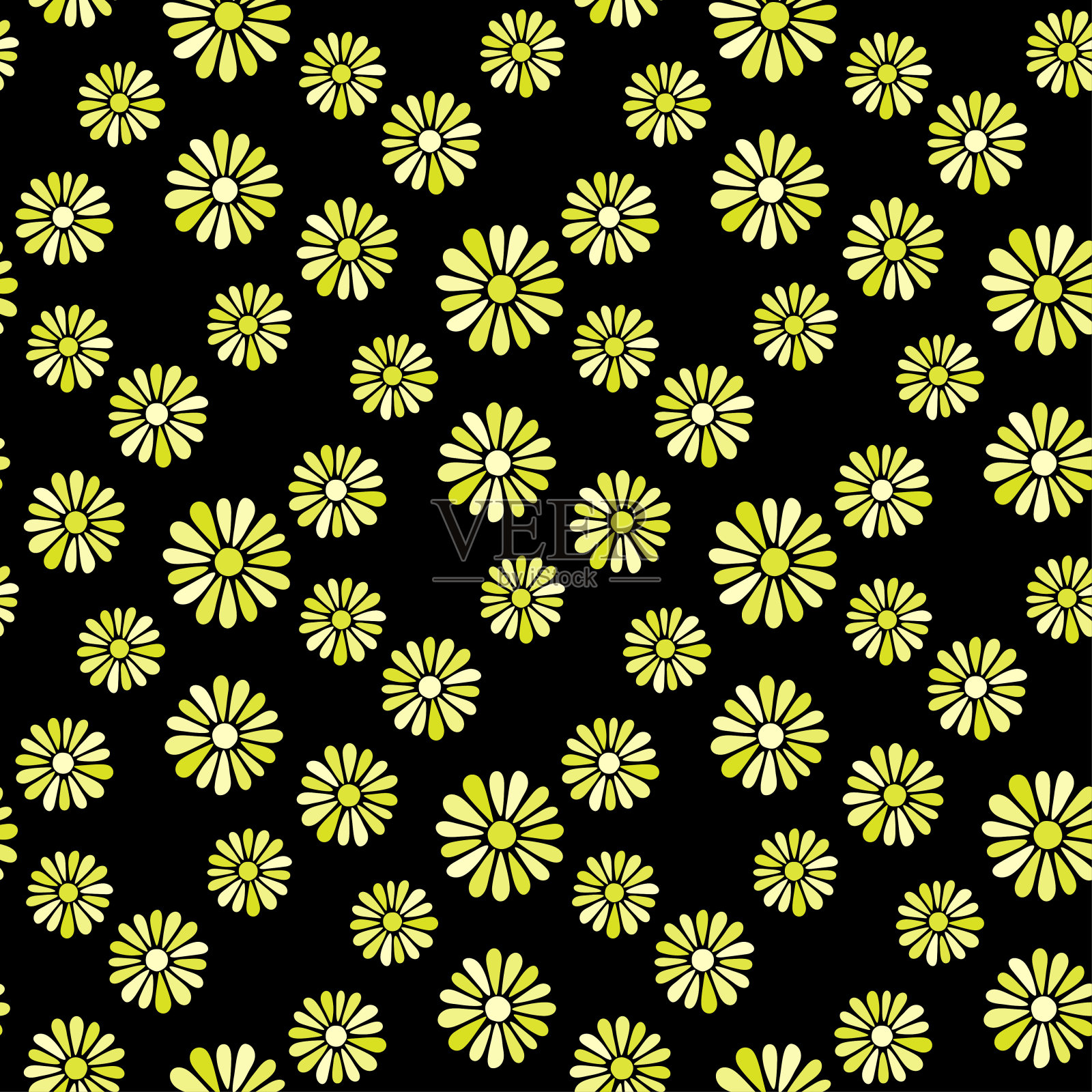 在黑色背景上孤立的黄色小花。可爱的花卉无缝图案。矢量简单的平面图形说明。纹理。插画图片素材