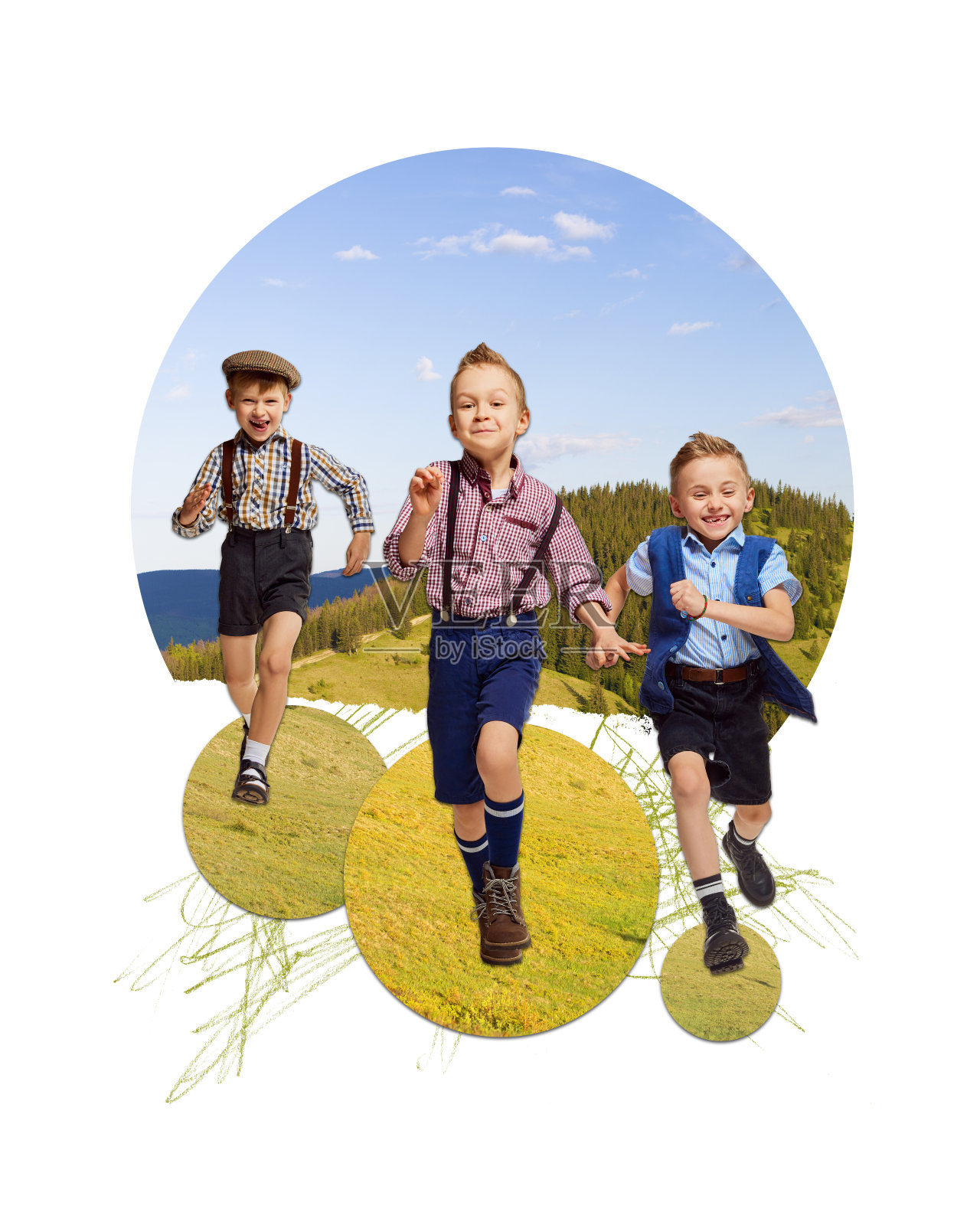 快乐的小男孩，孩子们穿着时尚复古的衣服在温暖的夏日里奔跑，在户外玩耍。假期。当代艺术拼贴。照片摄影图片