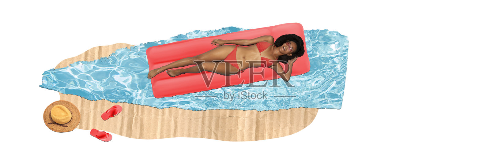 快乐微笑的女人穿着时髦的泳衣躺在游泳垫上，在游泳池游泳。放松。当代艺术拼贴。照片摄影图片