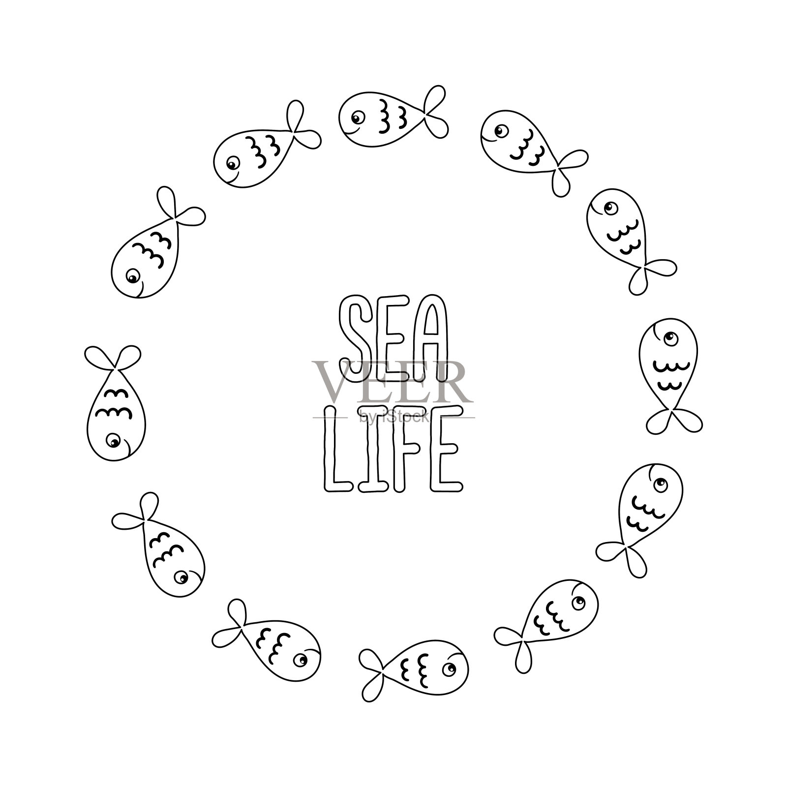 矢量框架的海洋鱼类和文字海洋生物卡通插图在白色背景。插画图片素材