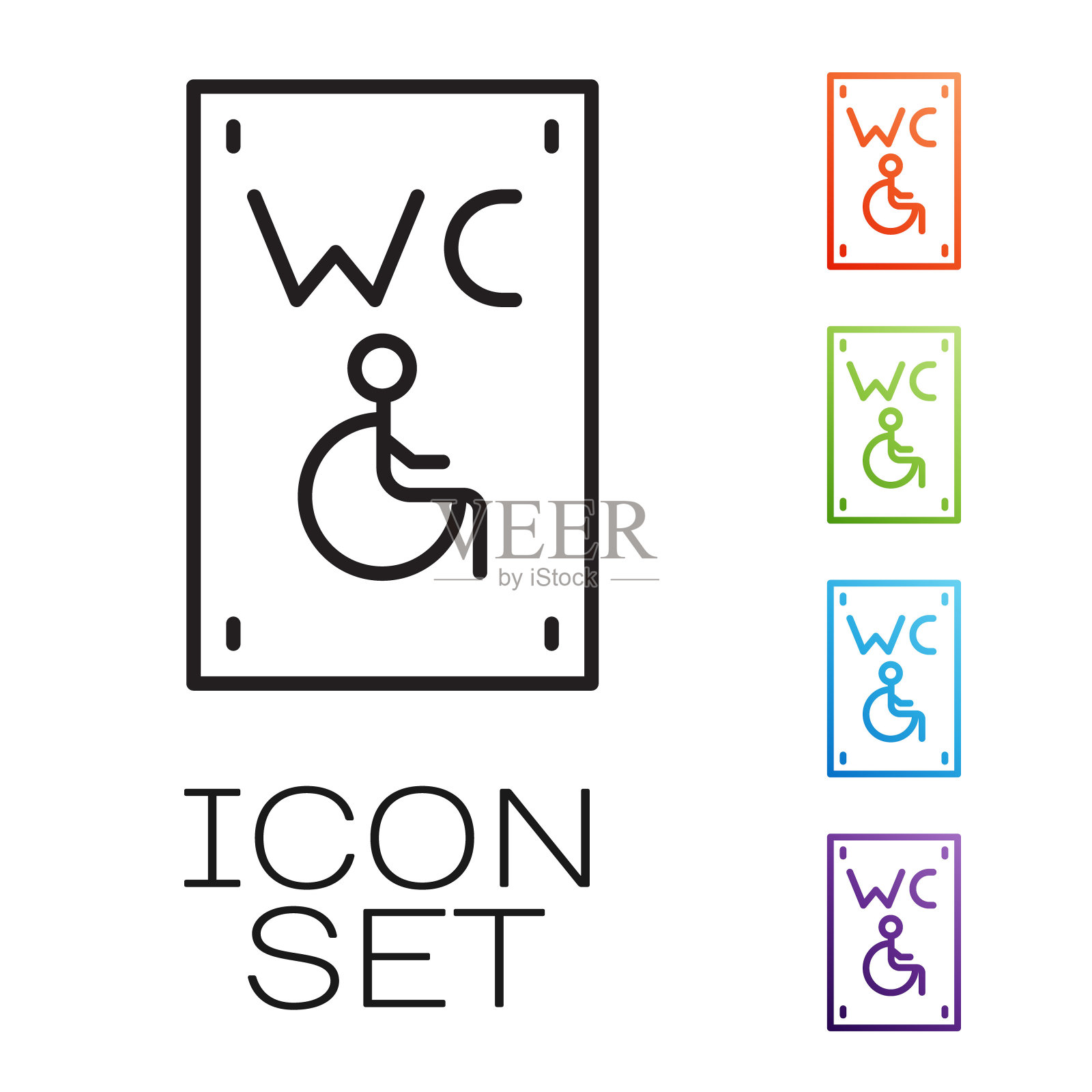 黑线分隔厕所的残疾人图标隔离在白色背景。残疾人无障碍男女厕所。设置图标彩色。向量图标素材