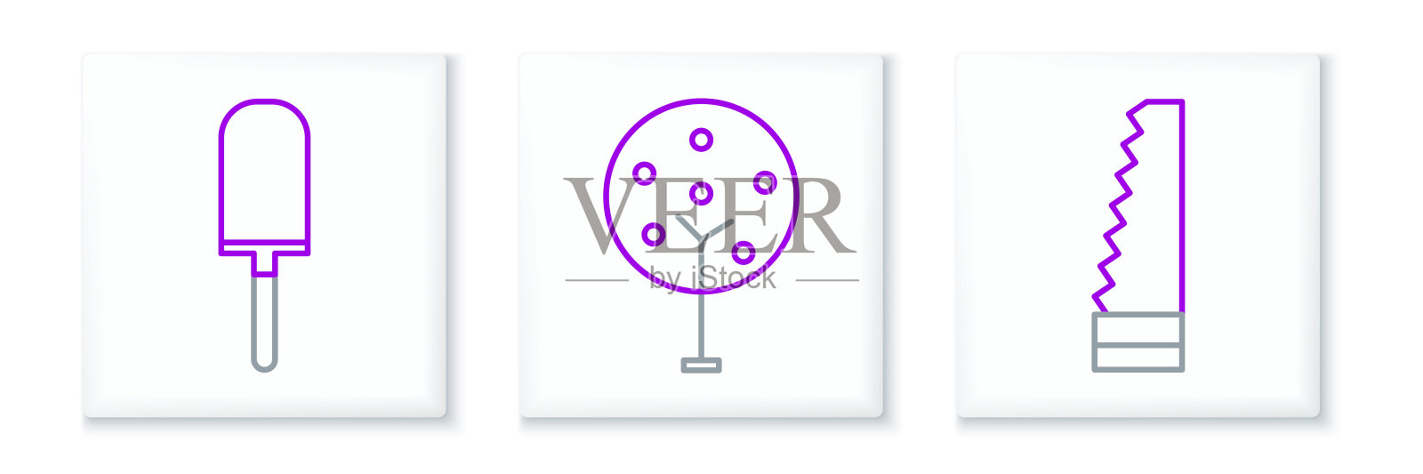 设置线花园锯，泥铲或铲子和树的图标。向量图标素材