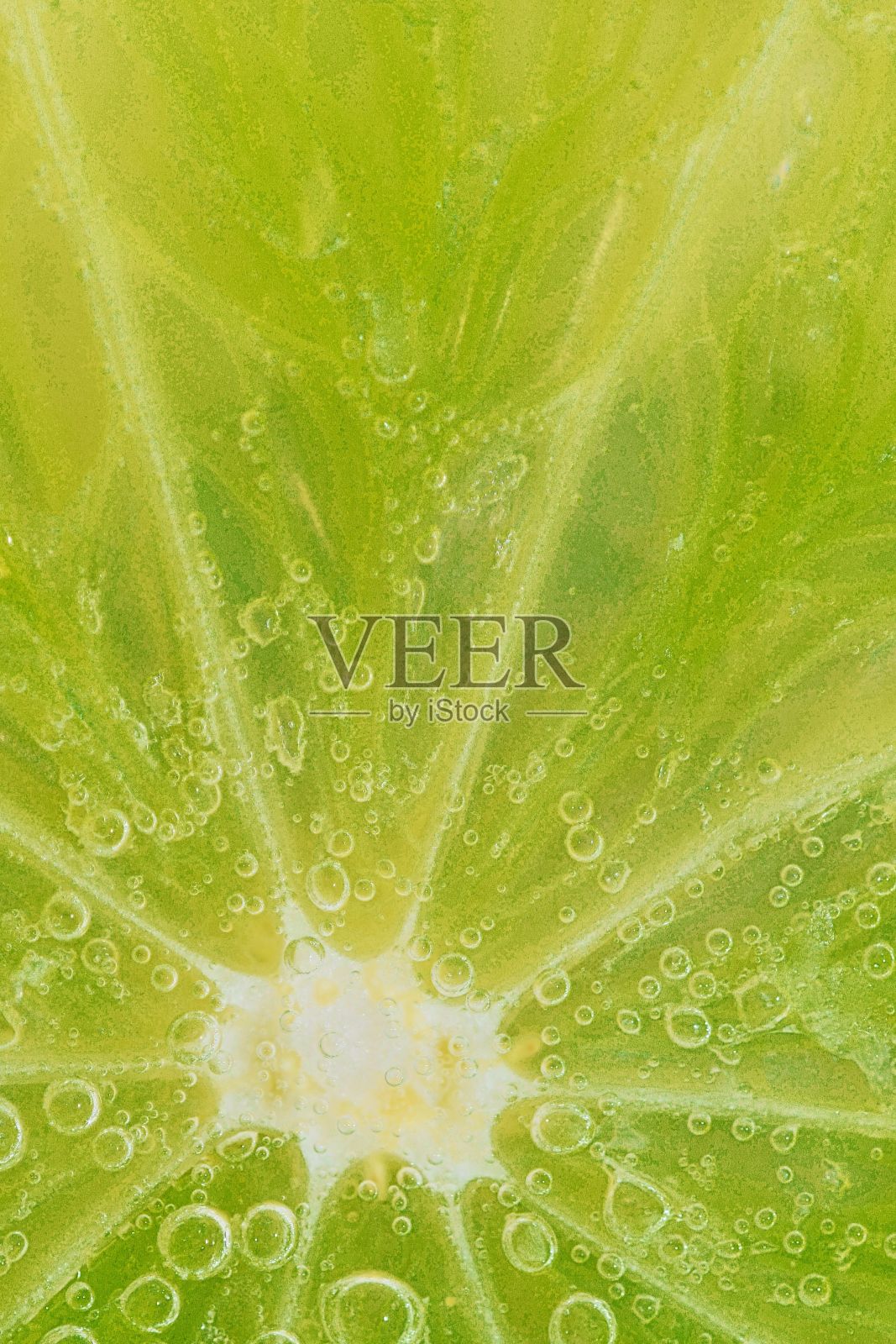 柠檬片在有气泡的液体中的特写。把成熟的酸橙片泡在水里。被气泡覆盖的新鲜酸橙片特写。微距垂直图像。照片摄影图片