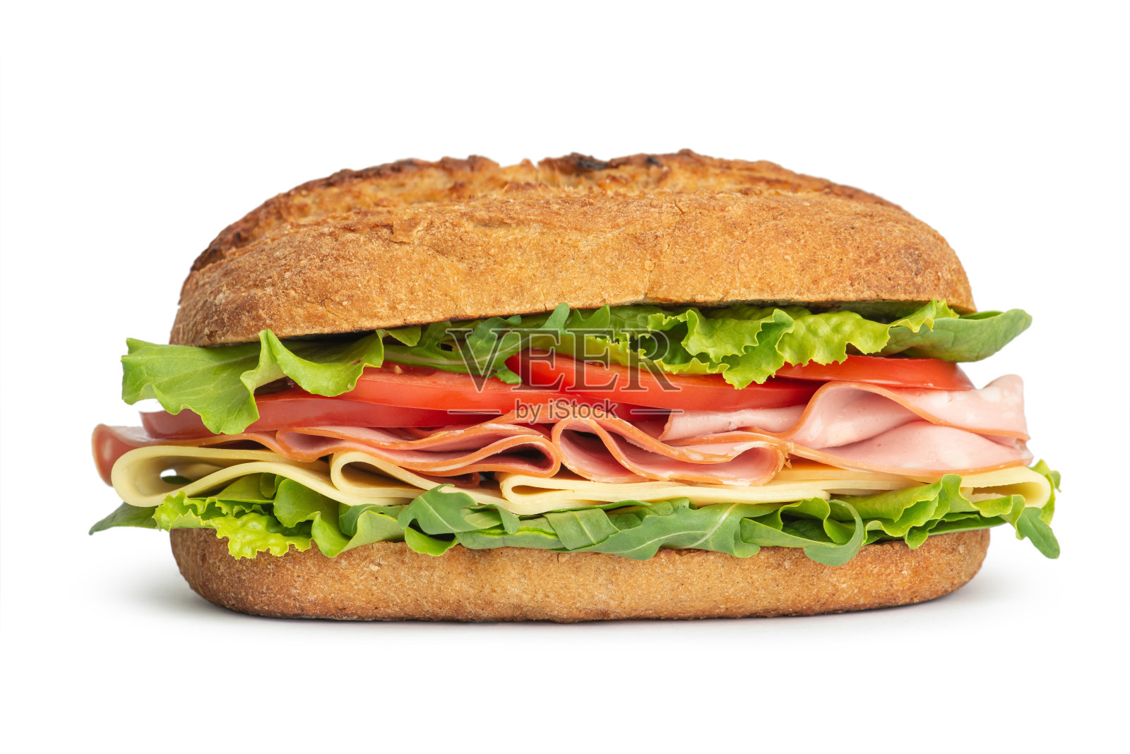 夹有肉、奶酪和蔬菜的三明治，放在白色的背景上照片摄影图片