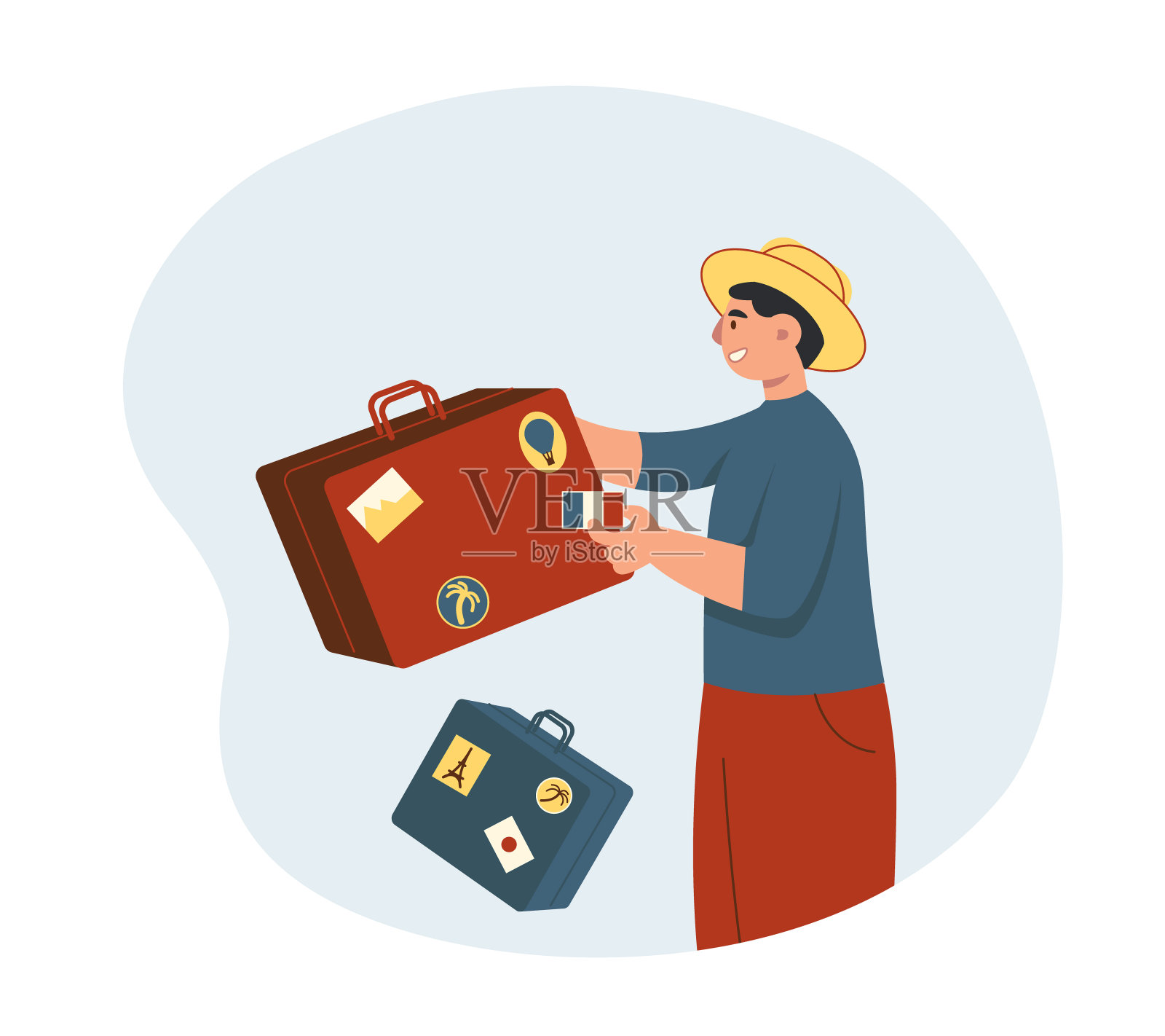 男主角在贴贴纸行李箱。行李标记。一个人在他访问的国家做了标记插画图片素材