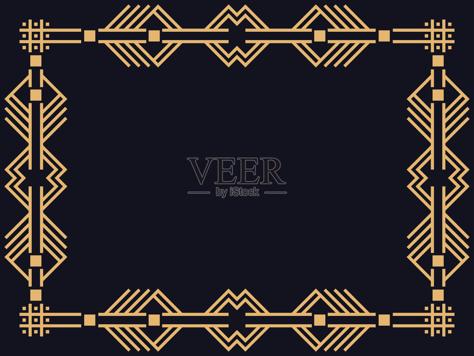 装饰艺术框架。线条艺术框架在黑色背景上的金色。复古的线性边框。为请柬、传单和贺卡制作一个模板。风格20世纪20年代至30年代。矢量图插画图片素材