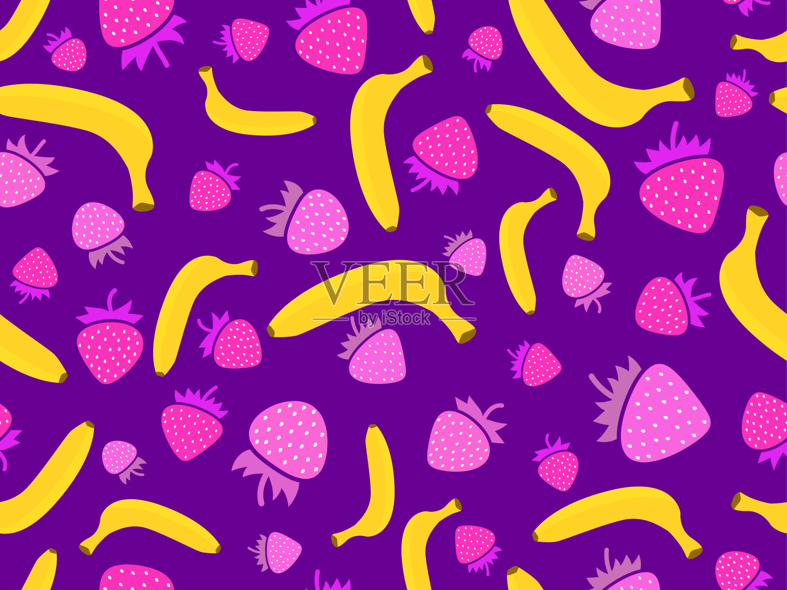 草莓和香蕉的无缝图案。紫色背景上的香蕉和草莓。夏日水果搭配简约风格。设计包装，印刷在纸上，横幅。矢量图插画图片素材