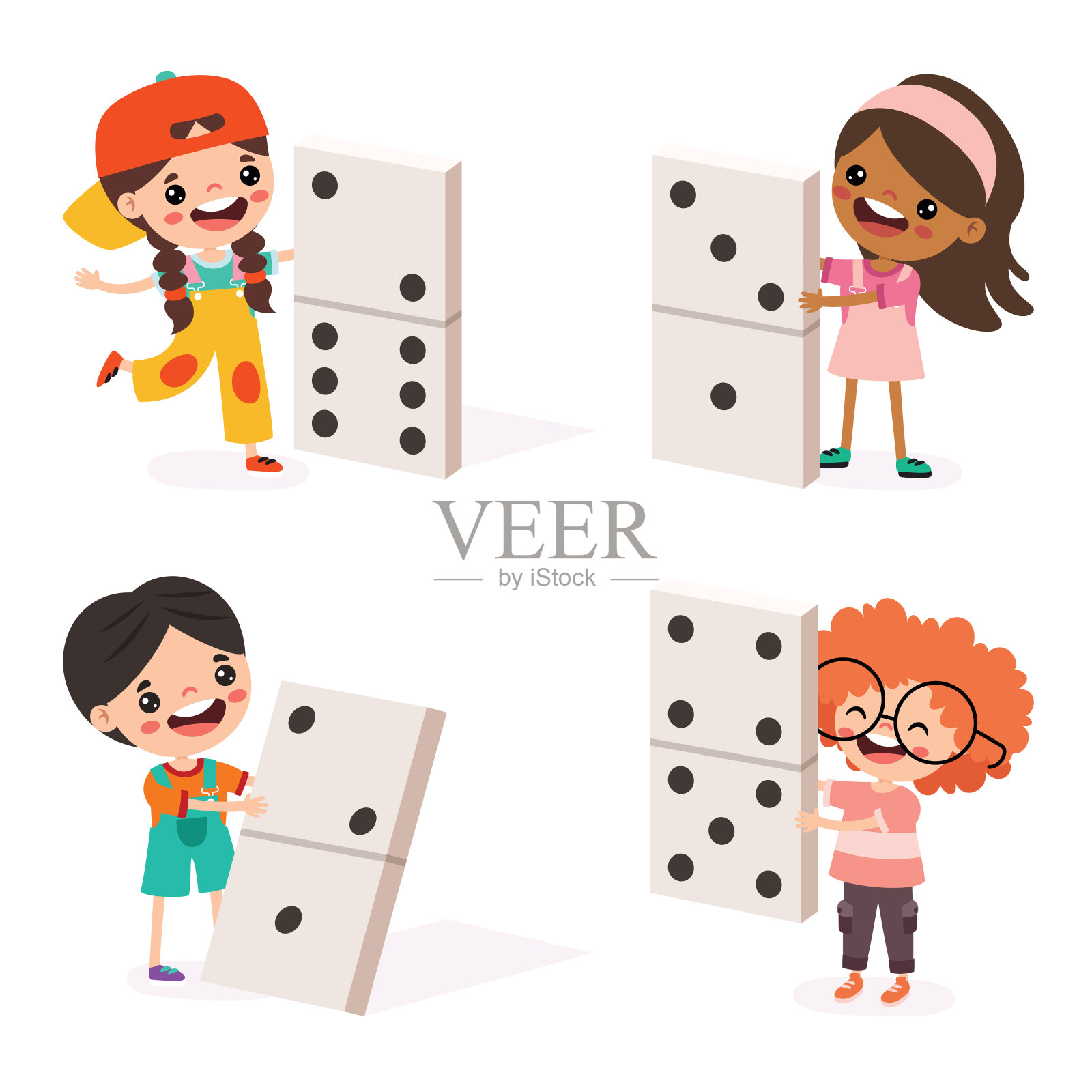 卡通小孩和多米诺骨牌一起玩插画图片素材