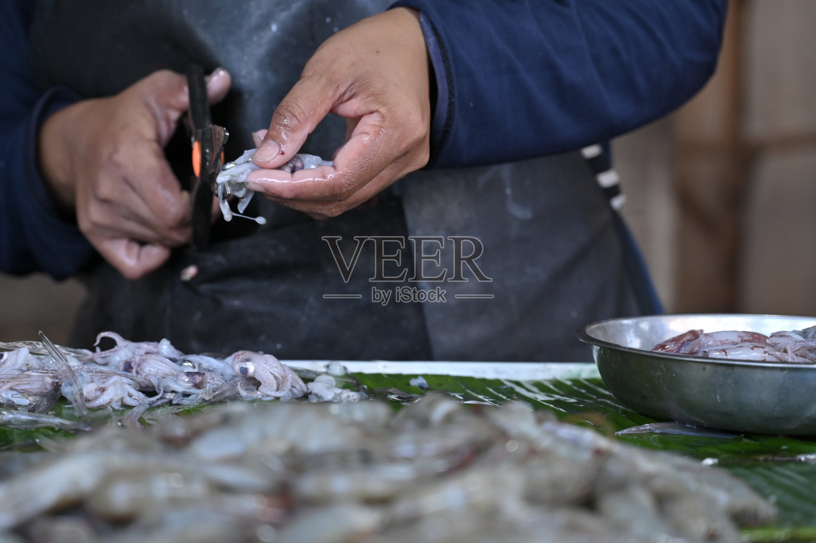 在市场清洗鱿鱼照片摄影图片