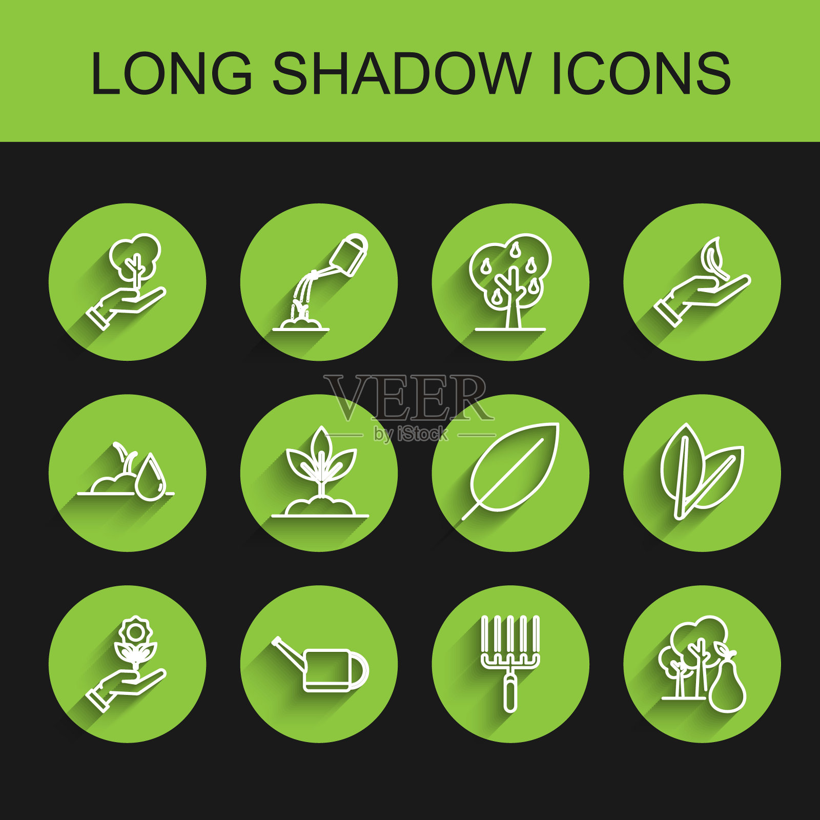 产品系列:手持花，洒水罐，环保树手，花园耙，梨，植物，树叶和图标。向量插画图片素材