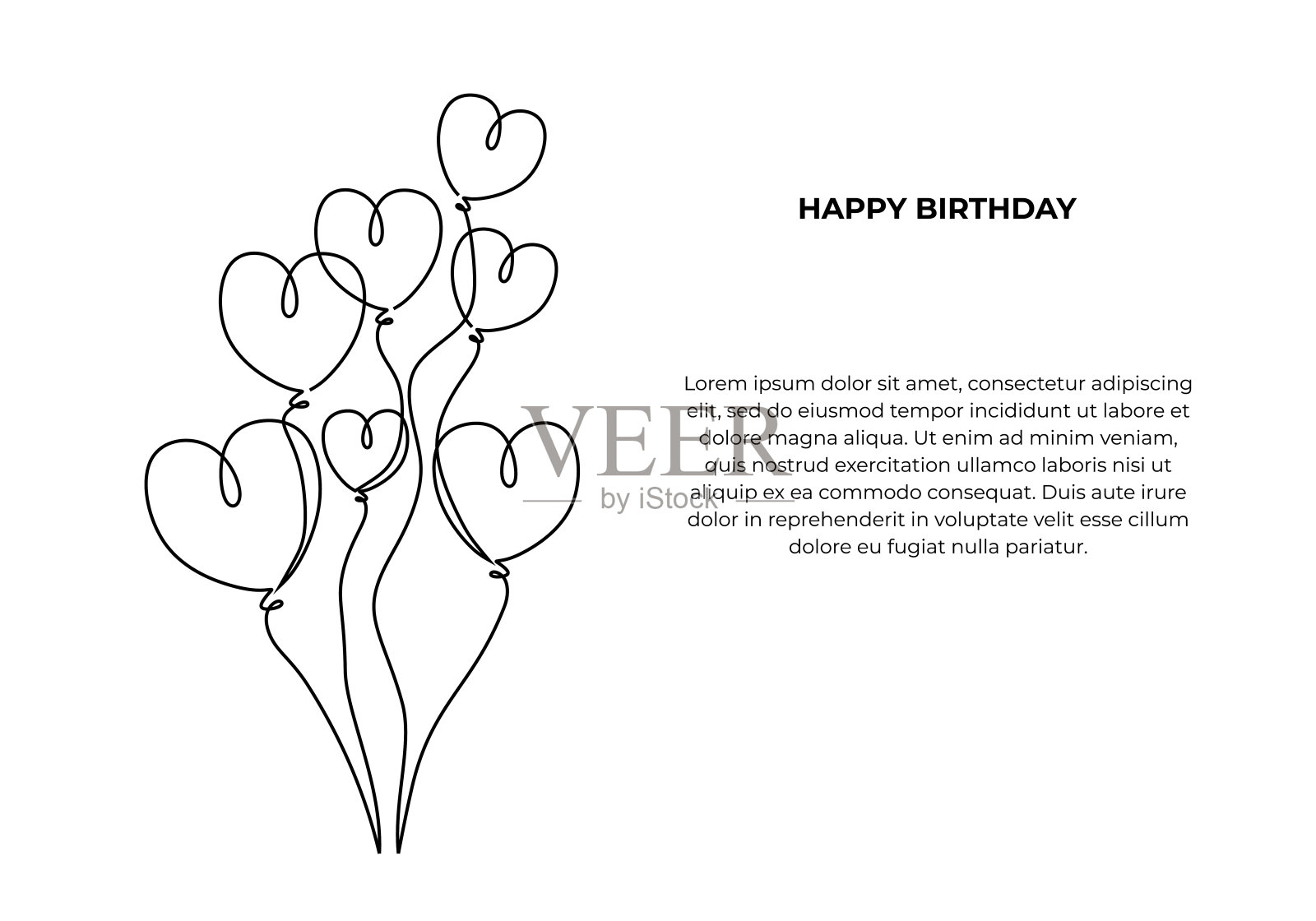 生日气球一行画，矢量插图心脏气球飞行。很适合庆祝和快乐的时刻。插画图片素材