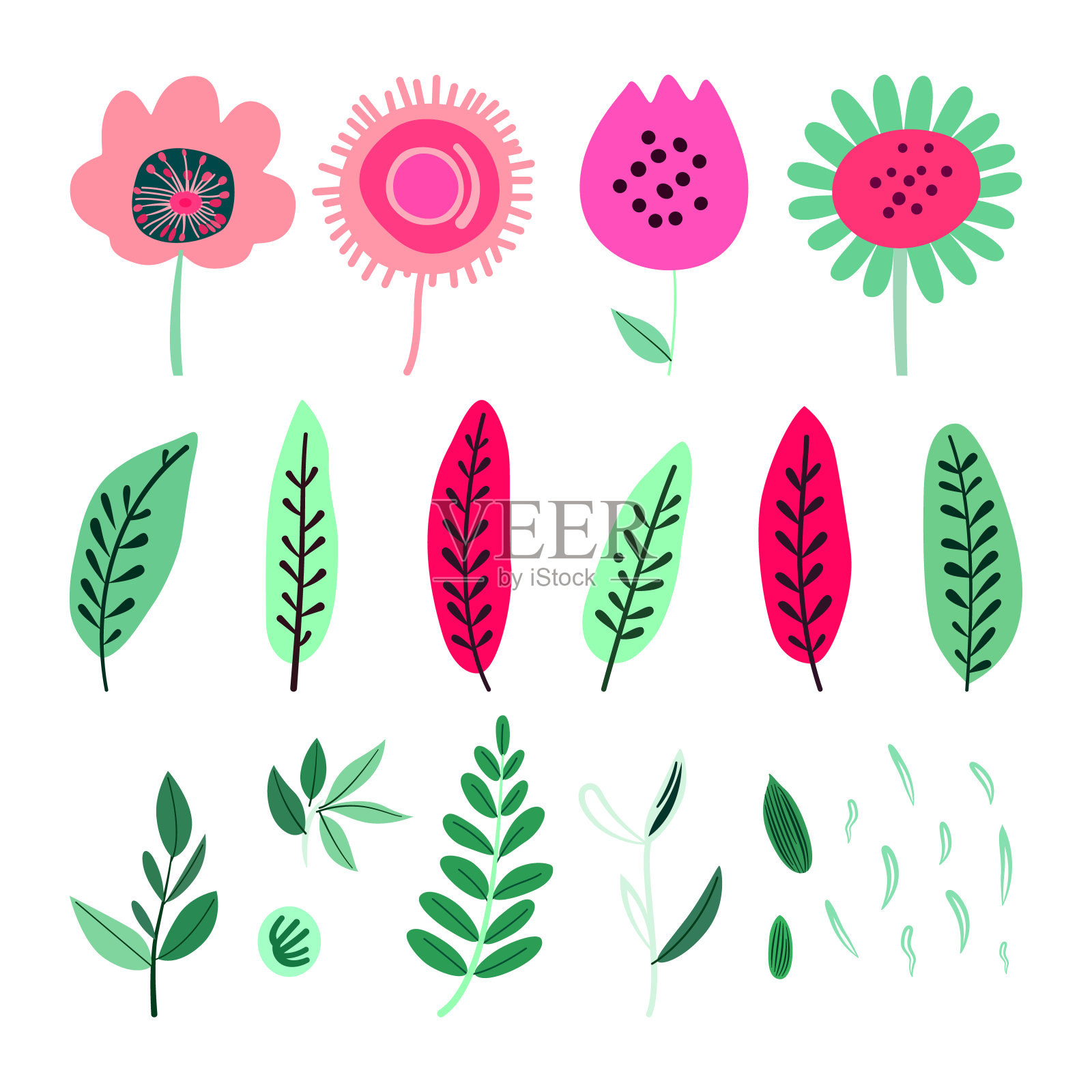 一套可爱的手绘花卉元素矢量插图涂鸦风格插画图片素材