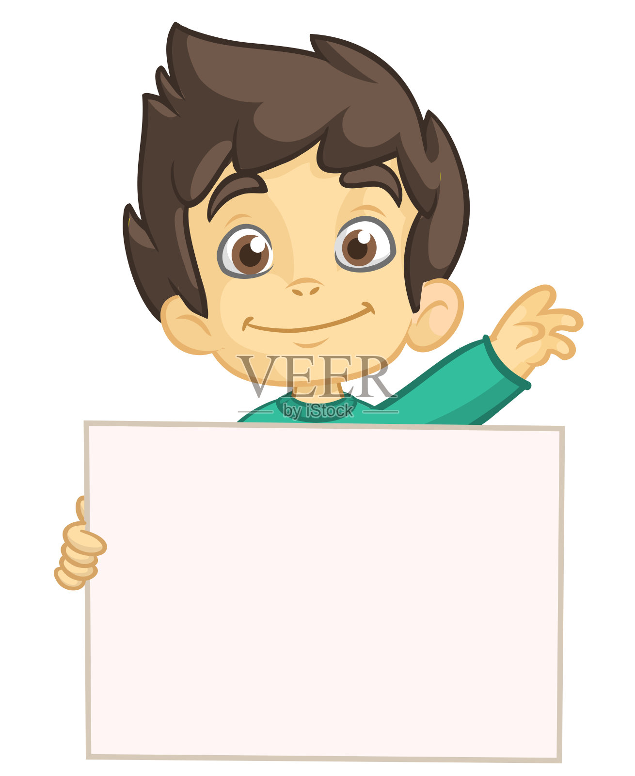 可爱的卡通男孩手持空白纸或广告板的文字。向量预展插画图片素材