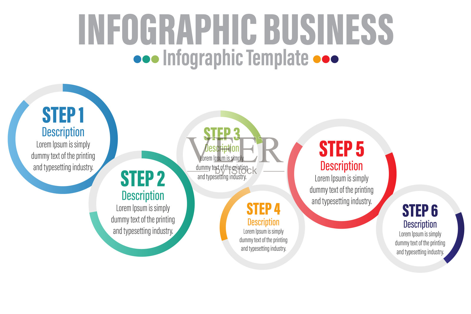 商业信息图表设计模板有6个6步，6个6选项，步骤或流程。可以用于工作流布局，图表，年度报告，网页设计设计模板素材
