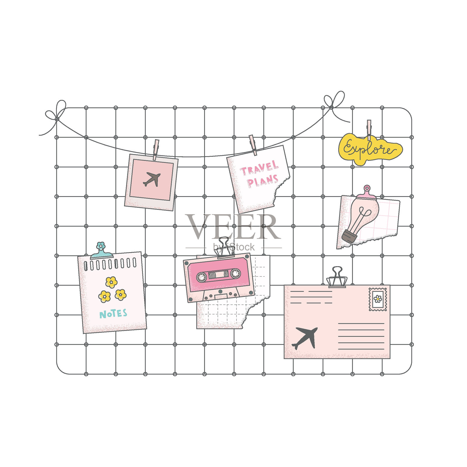 平面矢量插图与可爱的纸笔记，夹子，卡片。金属格栅墙情绪板灵感。插画图片素材