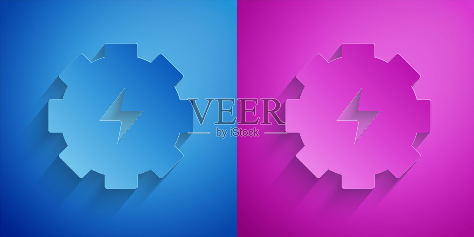 剪纸齿轮和闪电图标隔离在蓝色和紫色的背景。电力。闪电标志。纸艺风格。向量图标素材