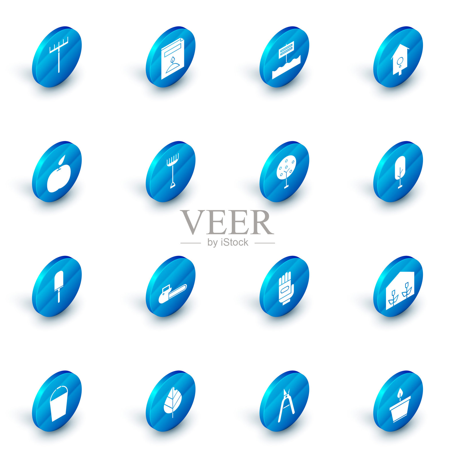 设置一种特定植物的种子，空白的木制标牌，复古的墙壁手表，苹果，花园铲子或铲子，耙子，树和图标。向量图标素材