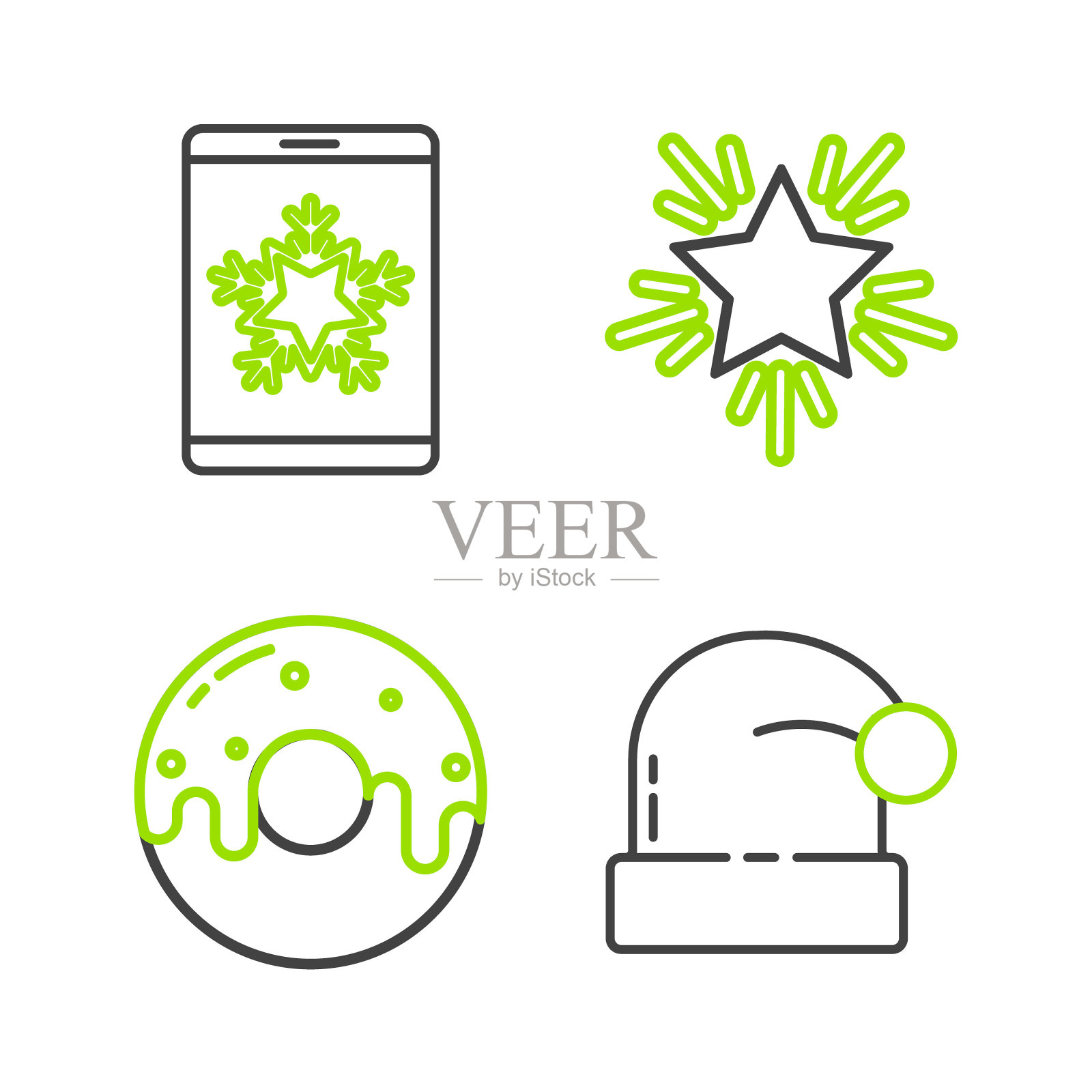 圣诞老人帽子，甜甜圈与甜釉，星星和智能手机和雪花图标。向量图标素材