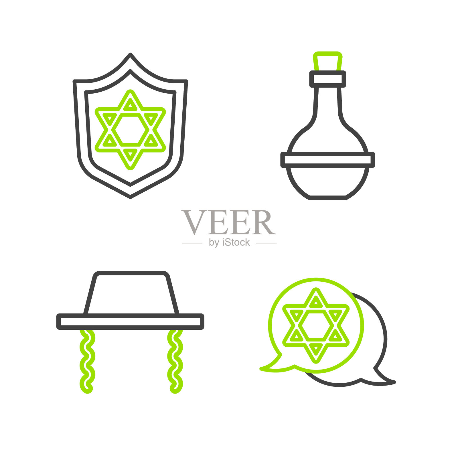 设置线大卫之星，正统犹太帽，犹太酒瓶和盾牌与图标。向量插画图片素材