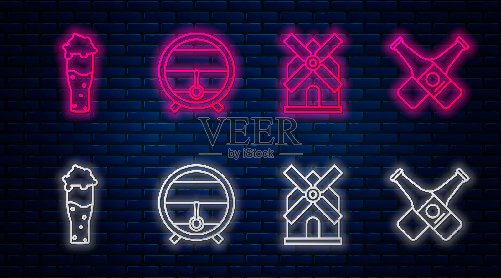 木桶架，带旋塞，风车，啤酒杯，十字形啤酒瓶。砖墙上发光的霓虹灯图标。向量插画图片素材