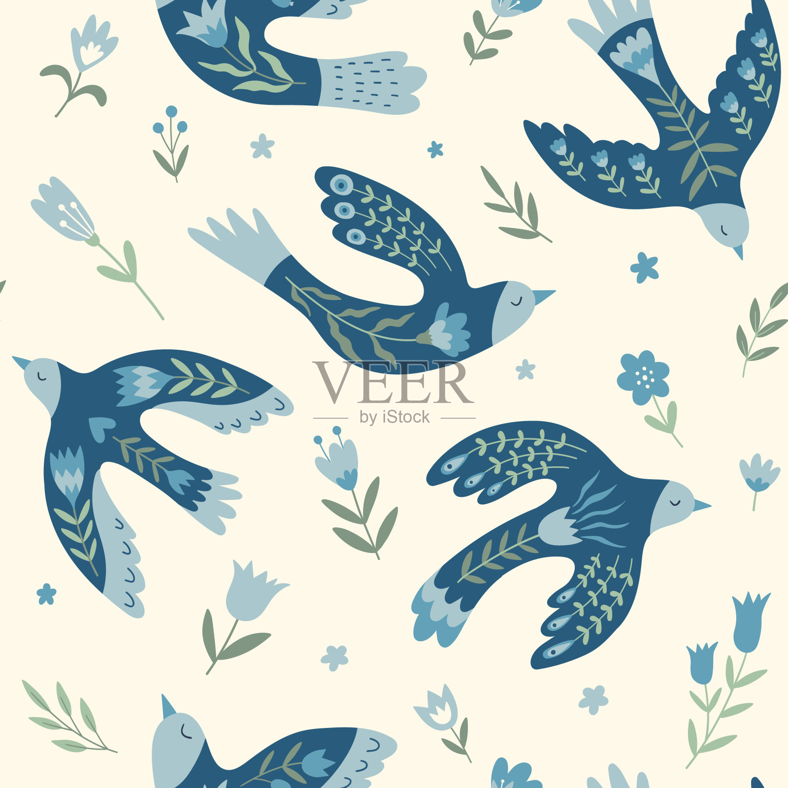 矢量无缝图案与鸟，花，树叶在民间传说的风格。和平鸽。涂鸦插图与风格化的装饰花卉元素。用于纺织品、服装、床上用品。插画图片素材