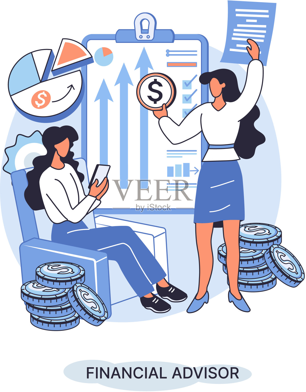 财务顾问为客户提供投资、货币市场分析、管理规划等方面的建议插画图片素材