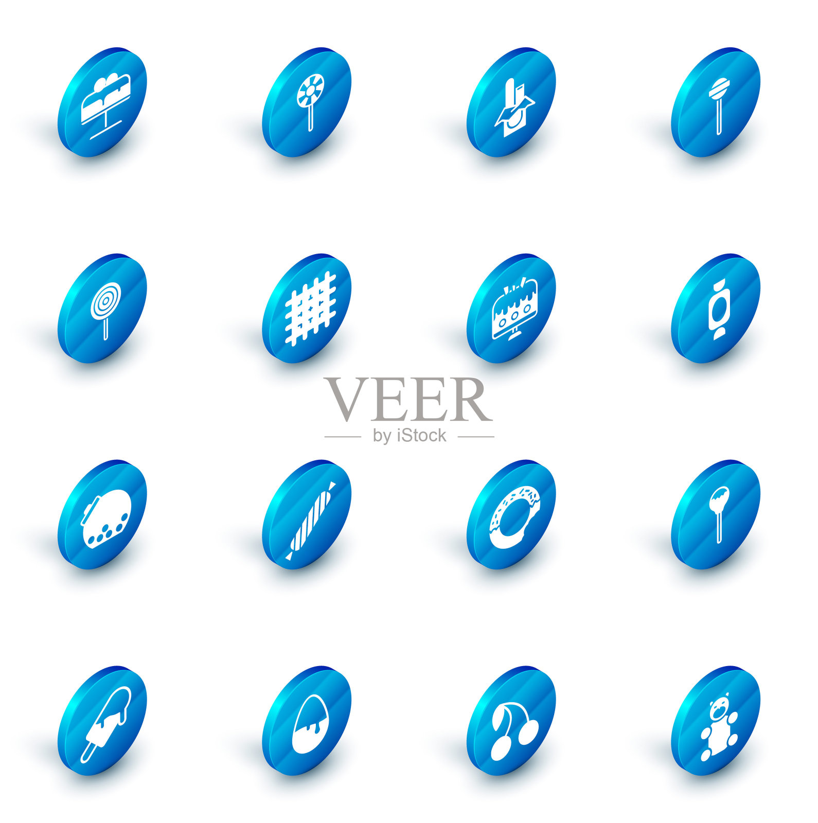 设置棒棒糖，巧克力棒，玻璃罐与糖果里面，饼干饼干，糖果和蛋糕上的盘子图标。向量图标素材