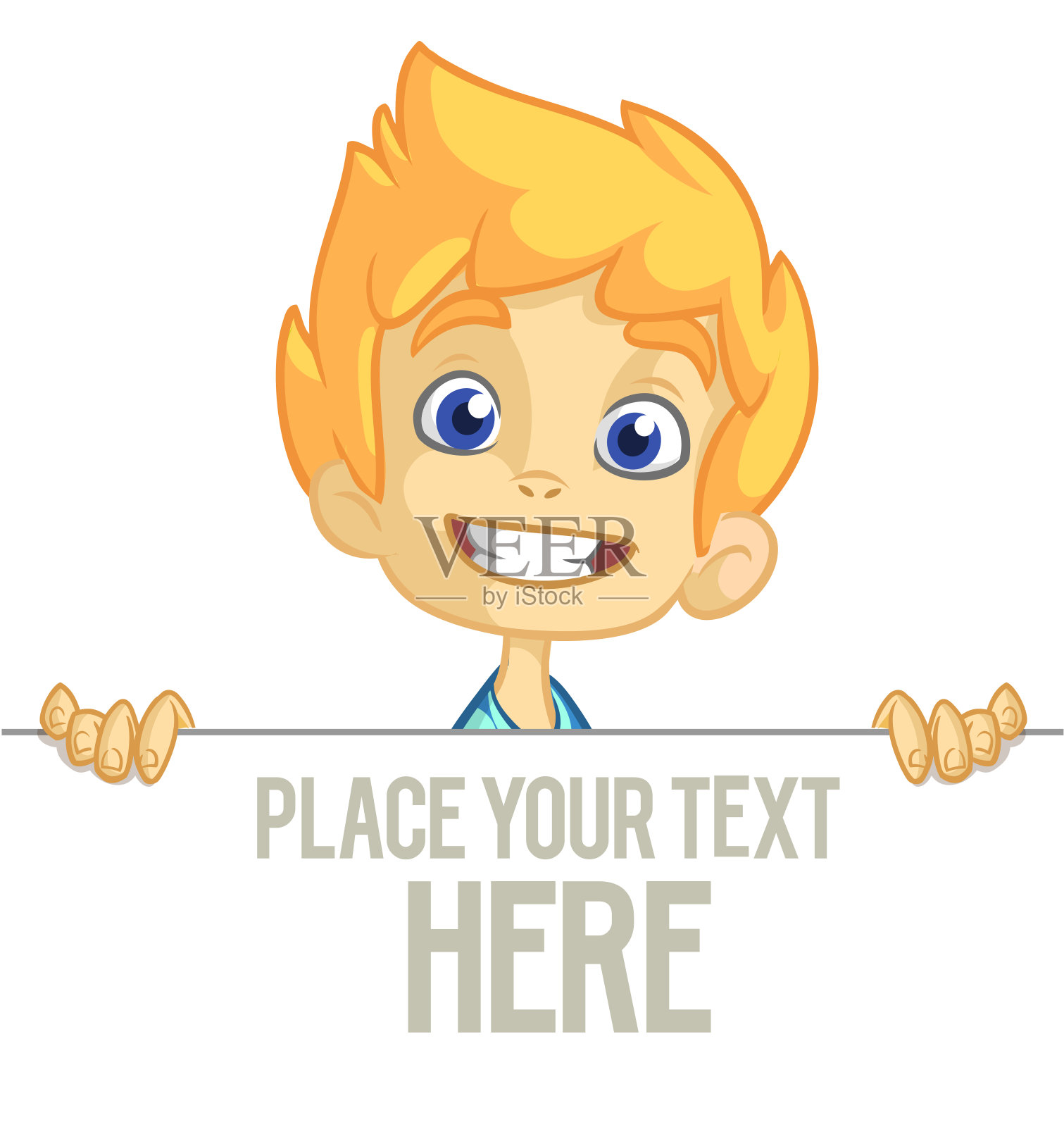 可爱的卡通孩子拿着空白纸或广告板写文字。分离的矢量图插画图片素材