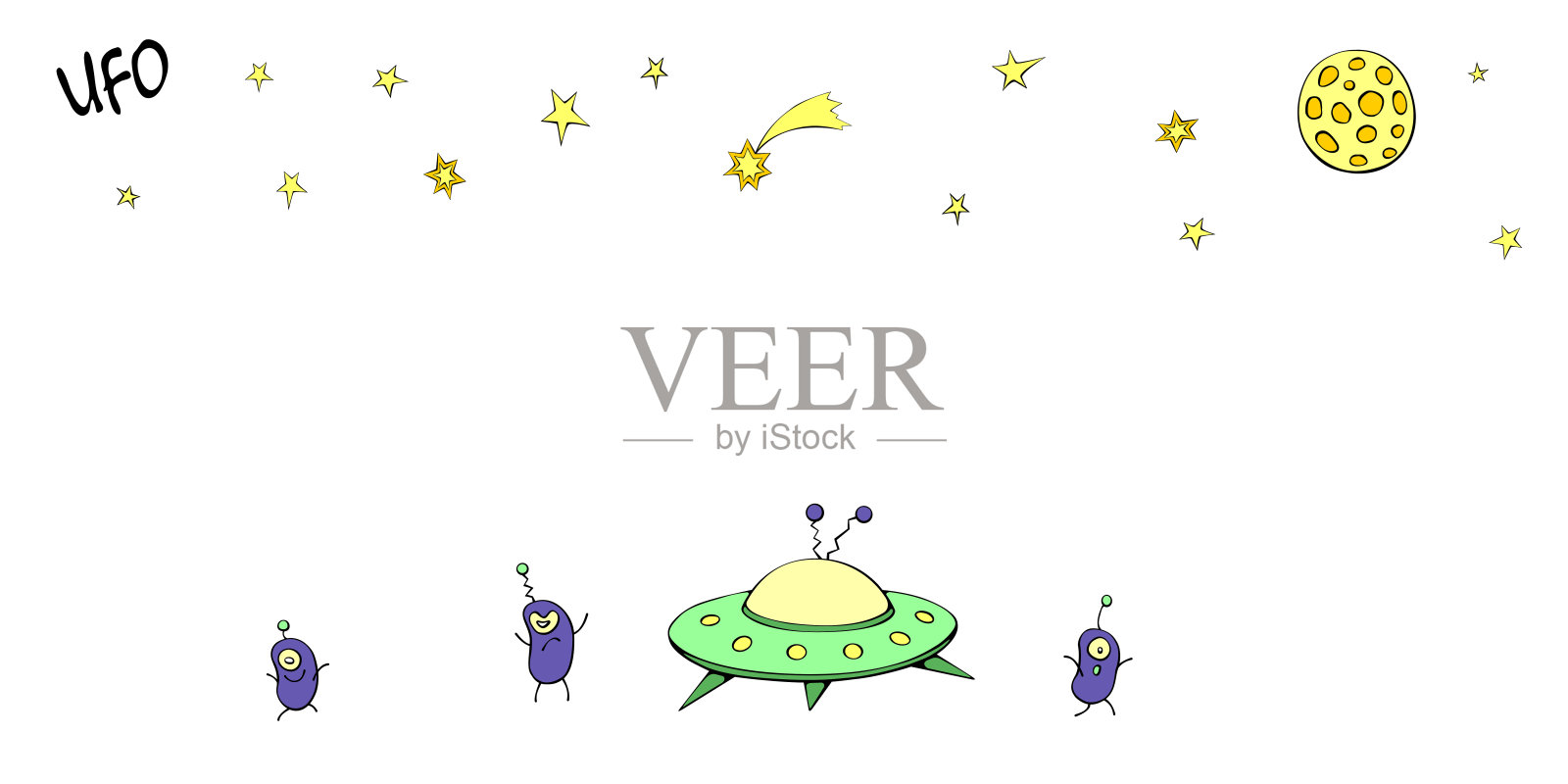 可爱的卡通海报，背景上的主题外星人入侵，不明飞行物，第一次接触。有趣的插图手绘在平面涂鸦风格插画图片素材