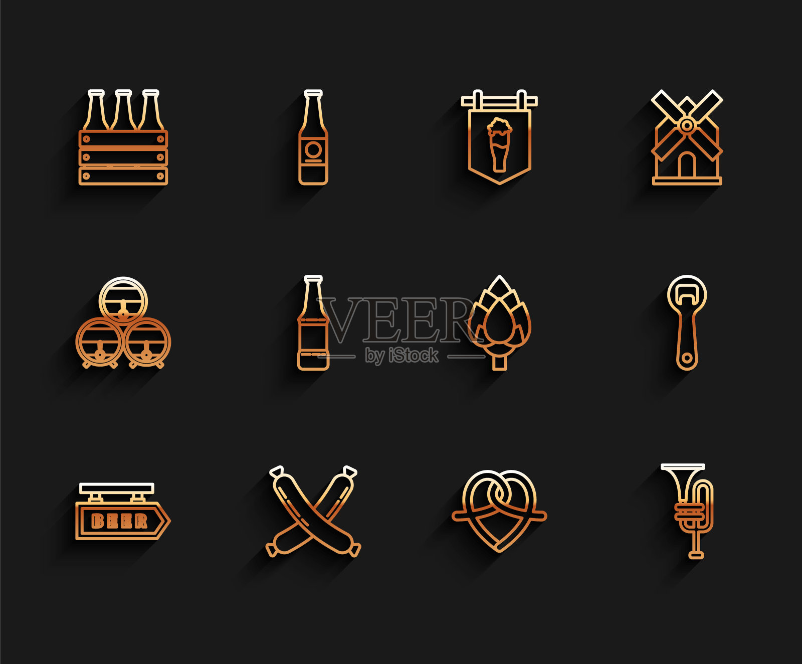 设置线街道招牌铭文啤酒，交叉香肠，包装啤酒瓶，椒盐脆饼，乐器小号，开瓶器和啤酒花图标。向量图标素材
