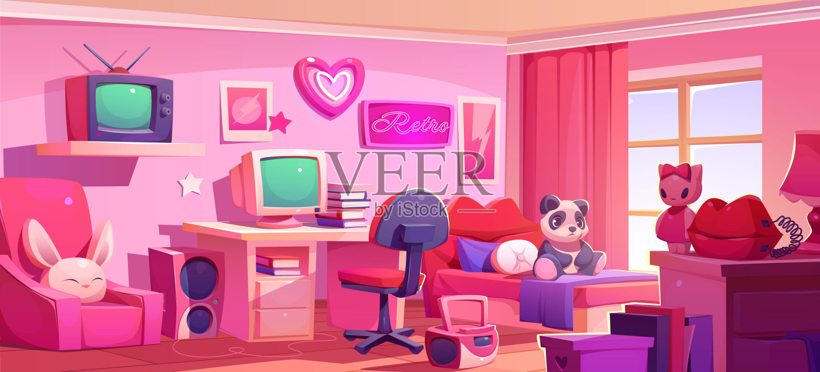 千年虫少女粉色卧室卡通内饰插画图片素材