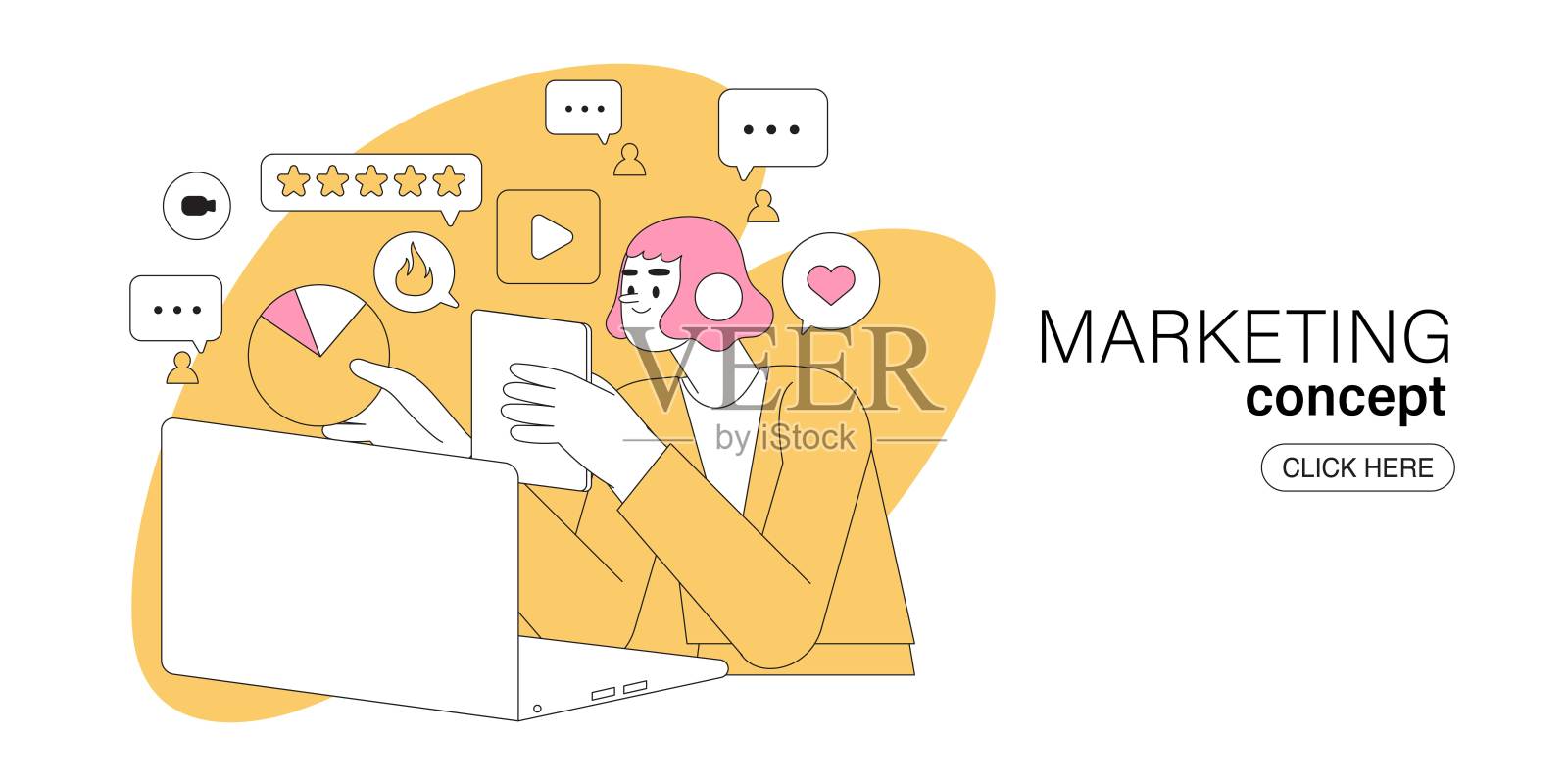 互联网数字营销概念，网页横幅和应用程序的设计和开发，seo，社交网络。商业营销，战略，规划，数字广告，社交媒体和通信。插画图片素材