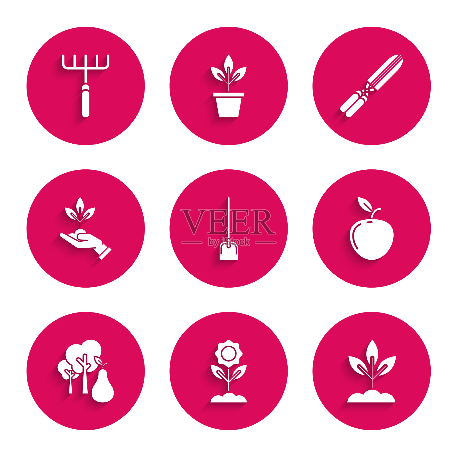 集铲，花，植物，苹果，梨树，在环保的手，园艺手工剪刀修剪和耙图标。向量图标素材