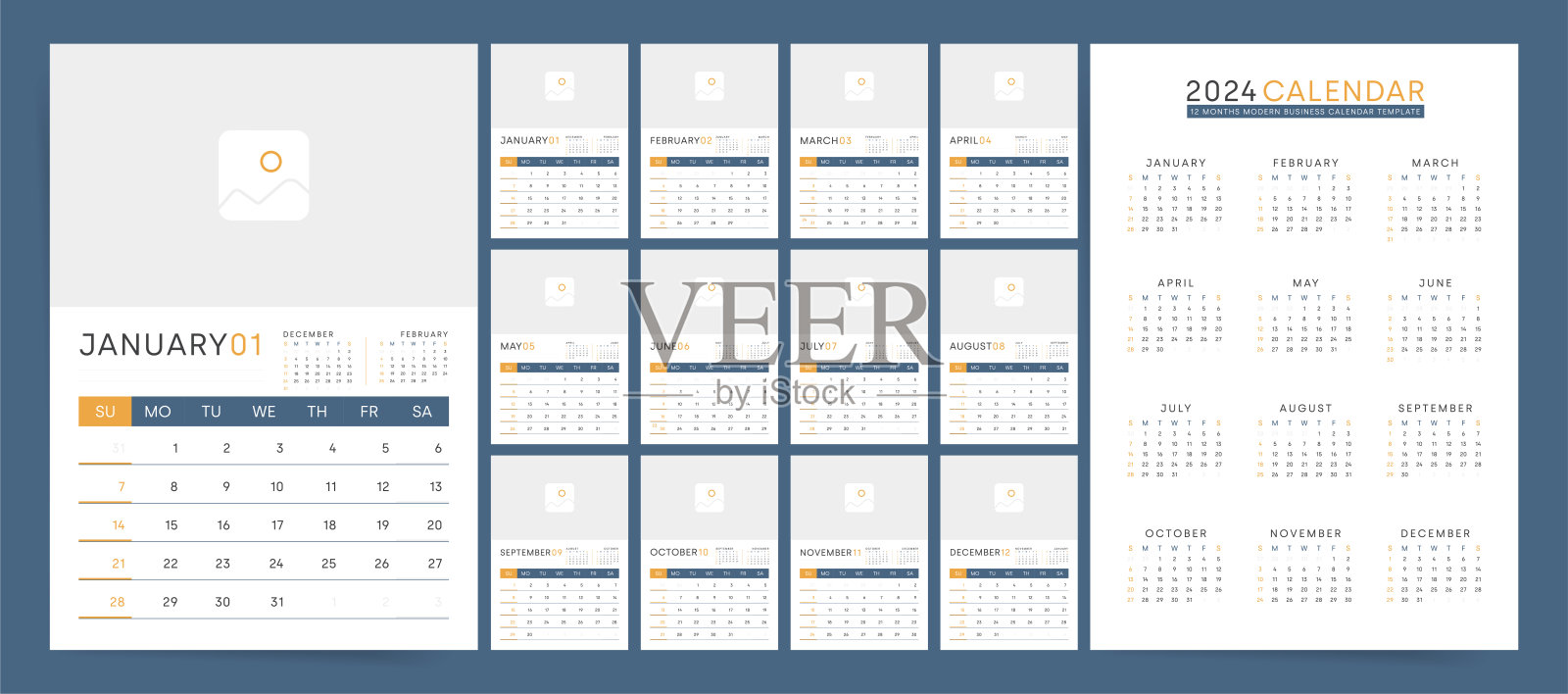 2024日历规划师模板与照片的地方。矢量布局的墙壁或书桌的A4日历。周日开始。商业日历打印网格。插画图片素材