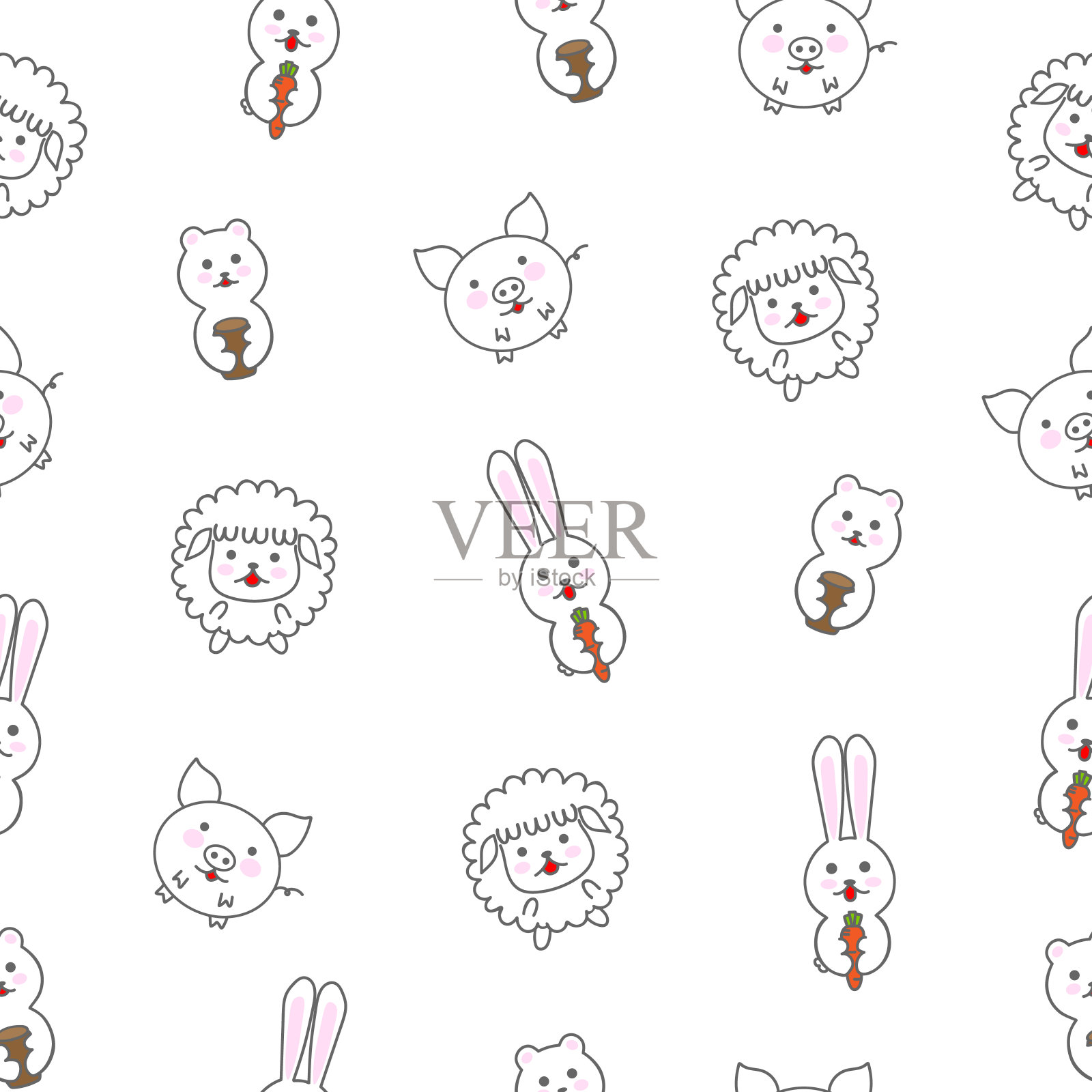 可爱的婴儿与动物无缝图案。手绘背景。插画图片素材