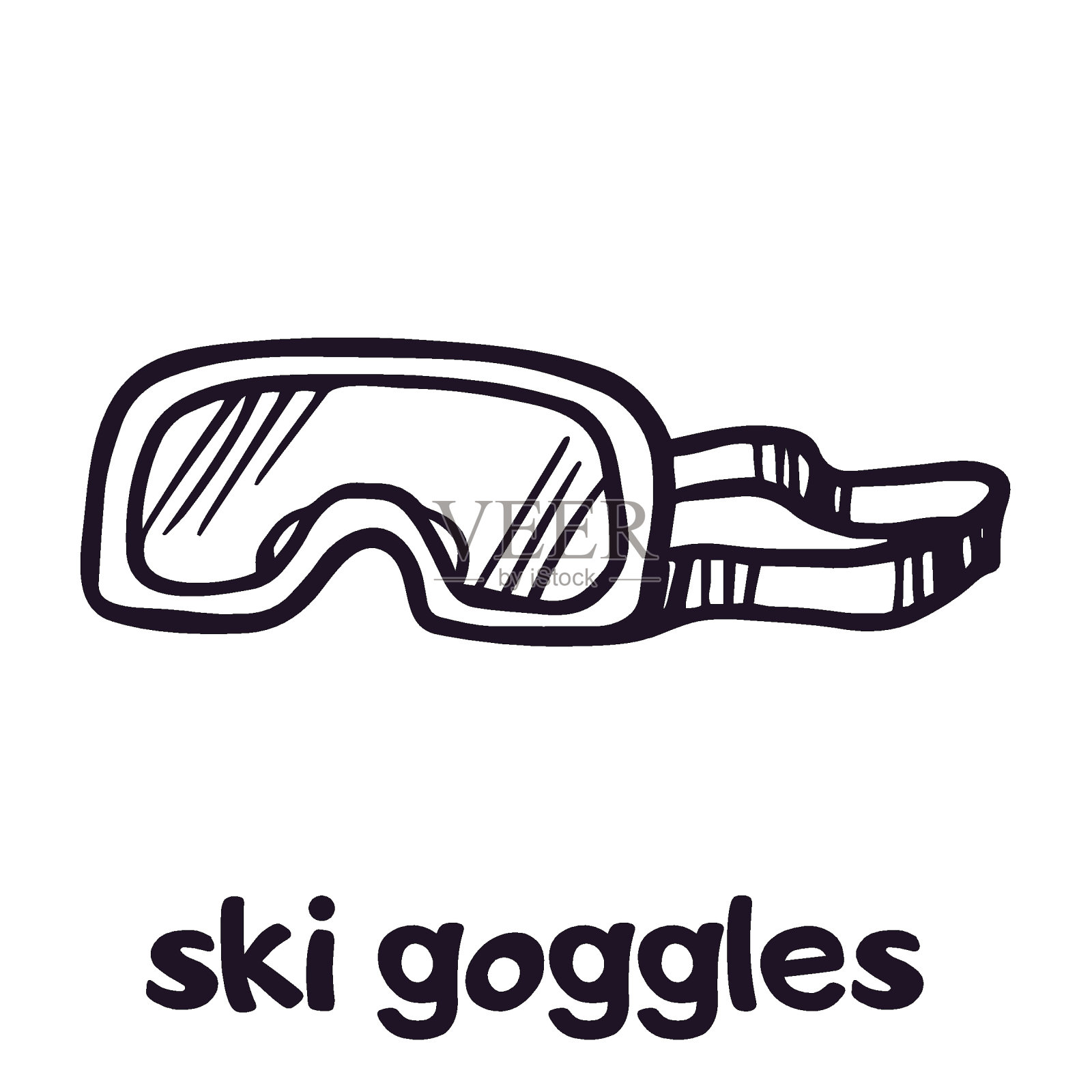 滑雪护目镜标志、徽章。矢量涂鸦运动设备标识隔离。大纲说明。插画图片素材