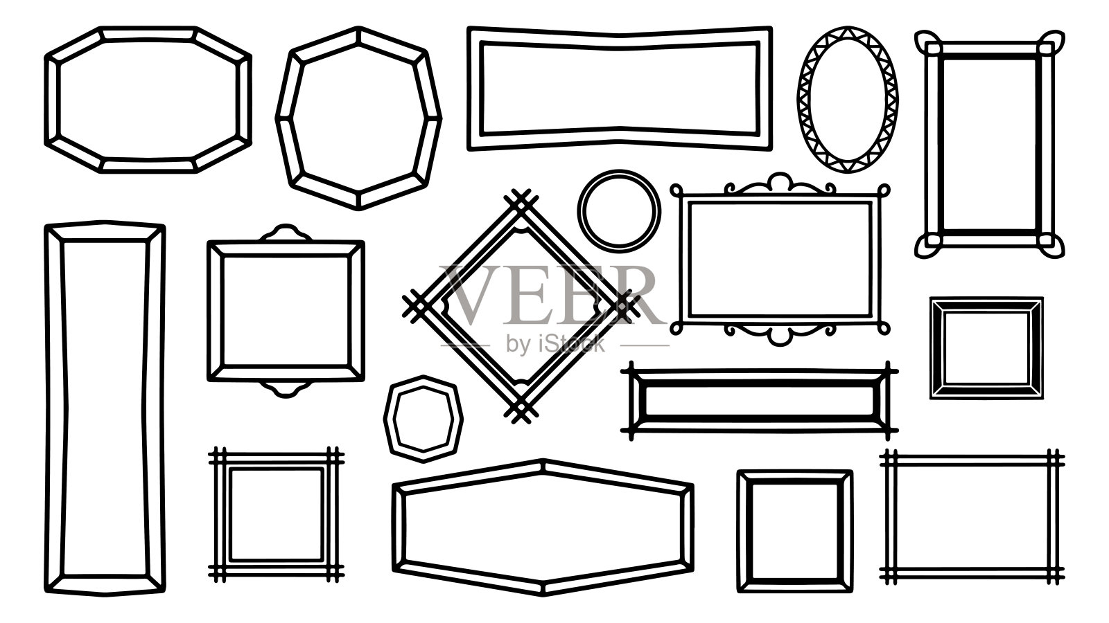 涂鸦手绘框架集。素描绘制矢量帧集合。包装的空白轮廓插图，装饰方形黑色笔画。插画图片素材