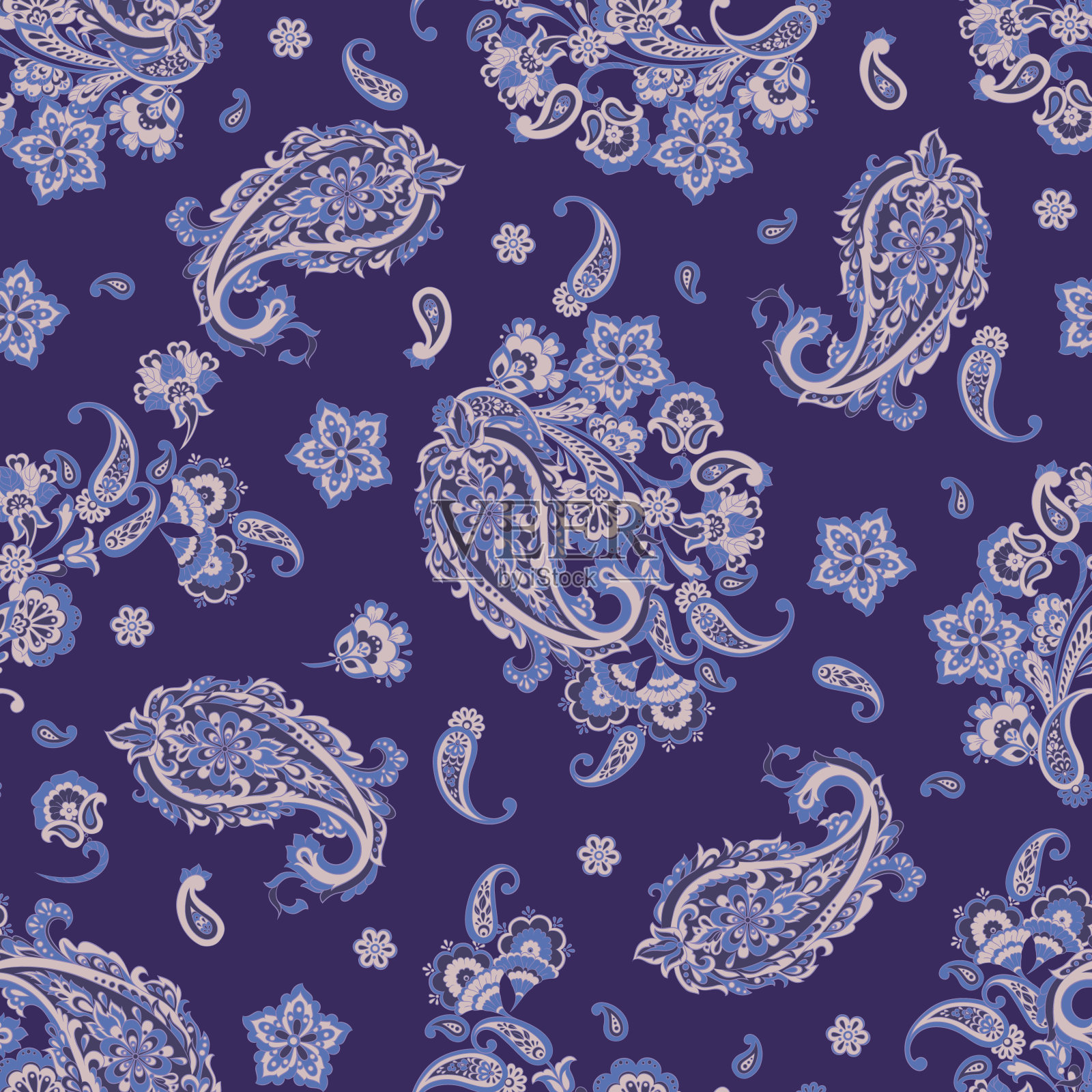 佩斯利矢量无缝图案。神奇的花，叶子。蜡染风格的绘画。的背景插画图片素材