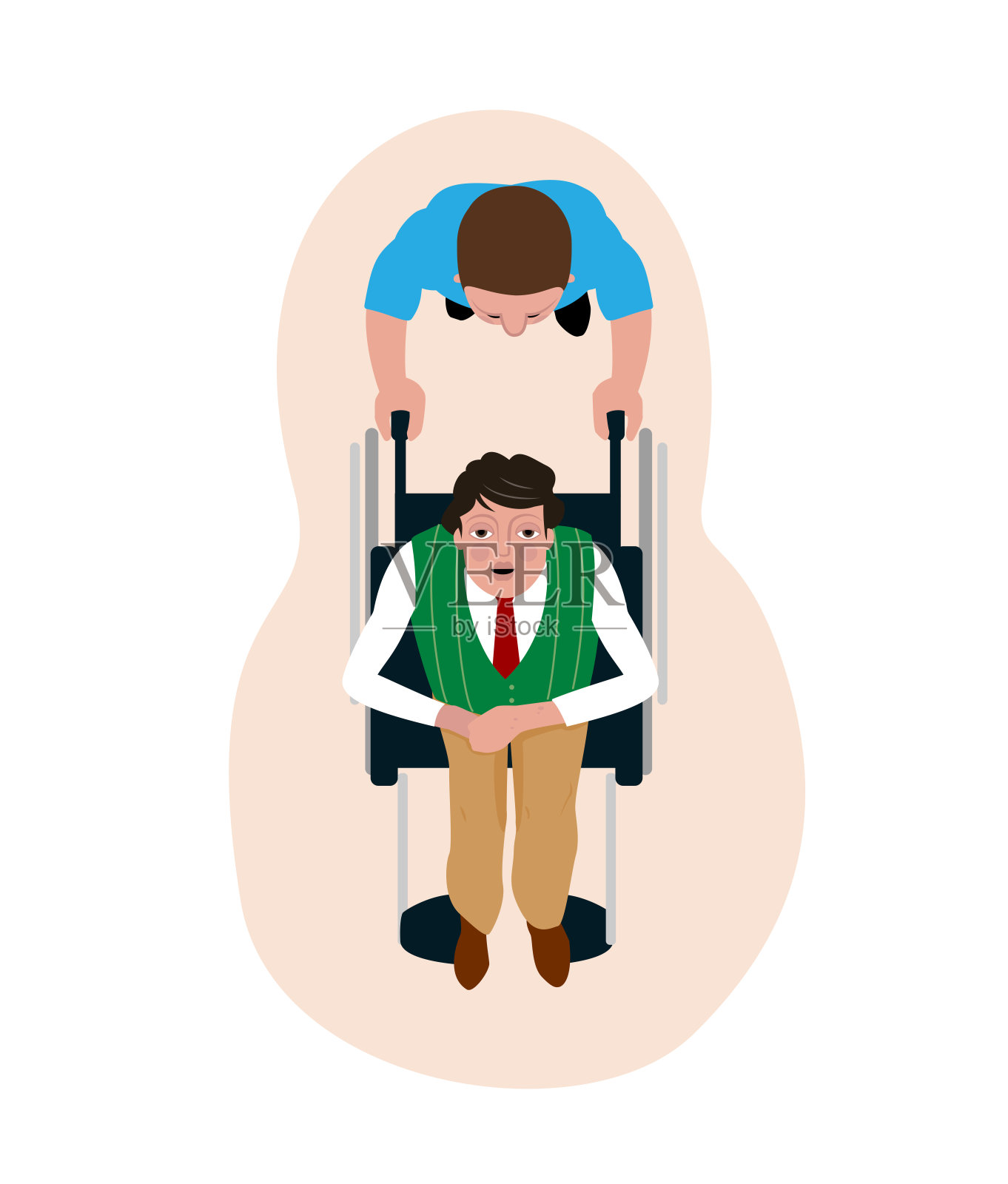 男护士推着轮椅上的残疾男子，近景插画图片素材