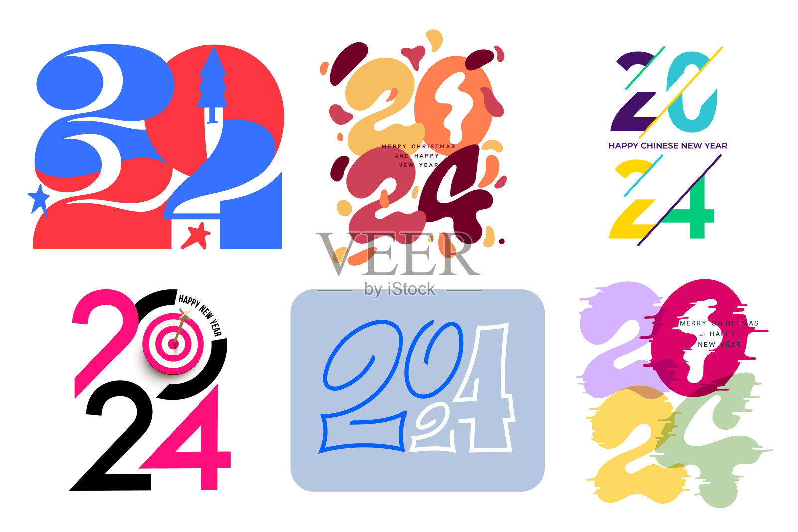 集2024排版标志设计概念。2024年新年快乐标志设计。数字设计模板。2023年贺岁符号合集。极简主义的时尚矢量插图品牌。插画图片素材