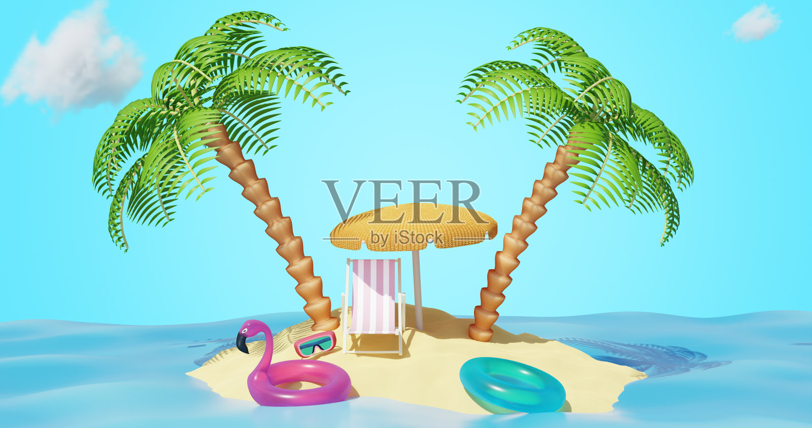 沙滩岛上有棕榈树，太阳躺椅伞。暑假旅游。三维渲染照片摄影图片