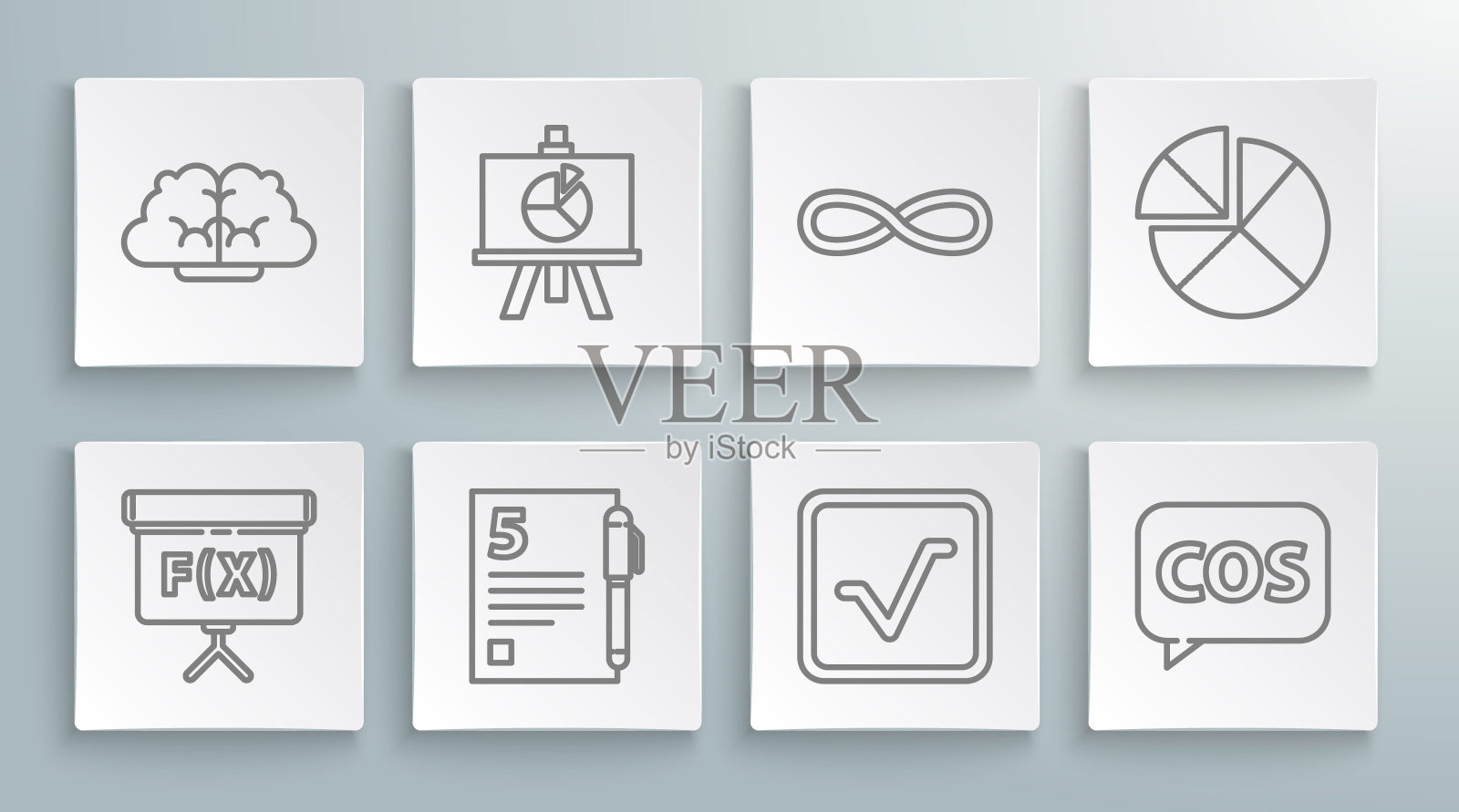 设置线几何图形立方体，XYZ坐标系，打开书，平板电脑与计算器，函数数学符号，算盘和图形，时间表，图表，图表图标。向量图标素材